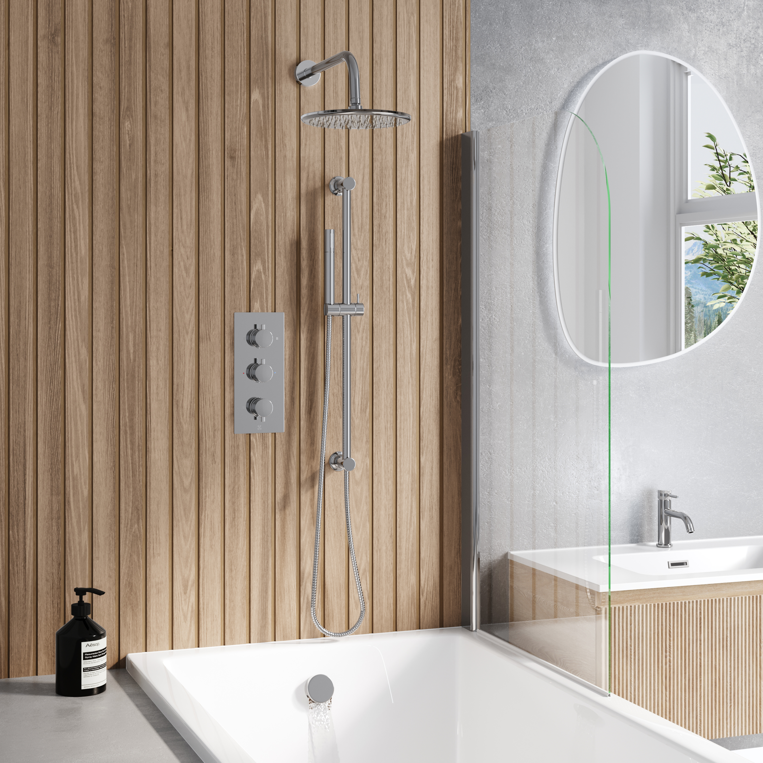 Core Shower Package with 3 Outlet Concealed Valve, Fixed Shower Head, Slide Rail Kit & Overflow Bath Filler