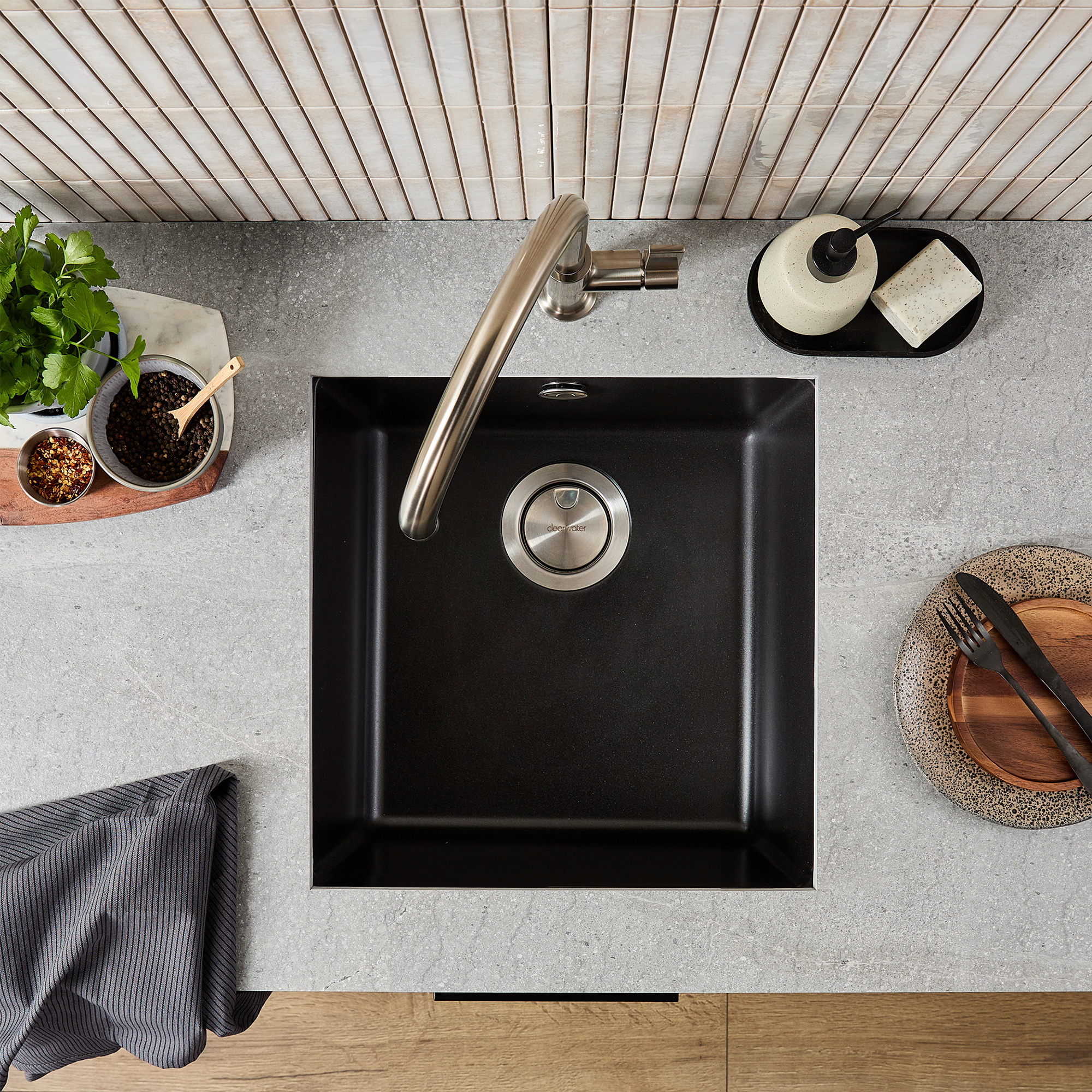 Clearwater Lumen 1 Bowl Granite Composite Inset/Undermount Kitchen Sink - 450 x 450mm