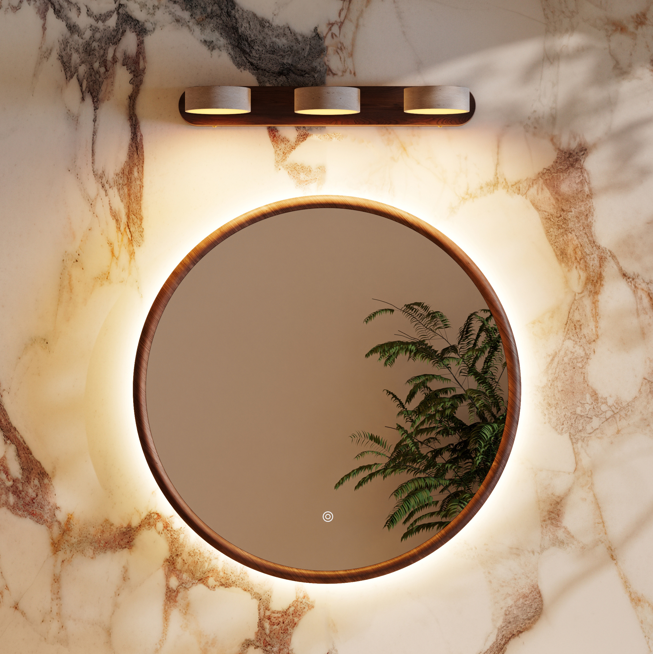 Alfie LED Illuminated Wood Framed Mirror with Trio Stone Wall Light in Dark Wood