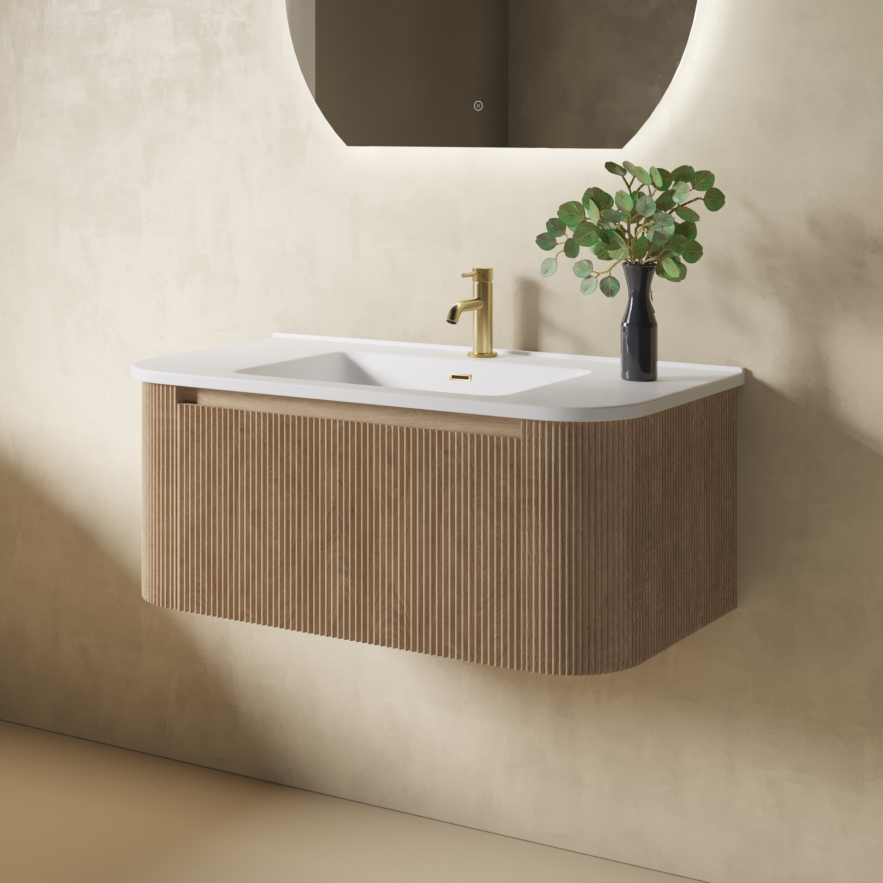Drench Groove 870mm Fluted Wall Hung Curved Vanity Unit & Matt Stone Basin