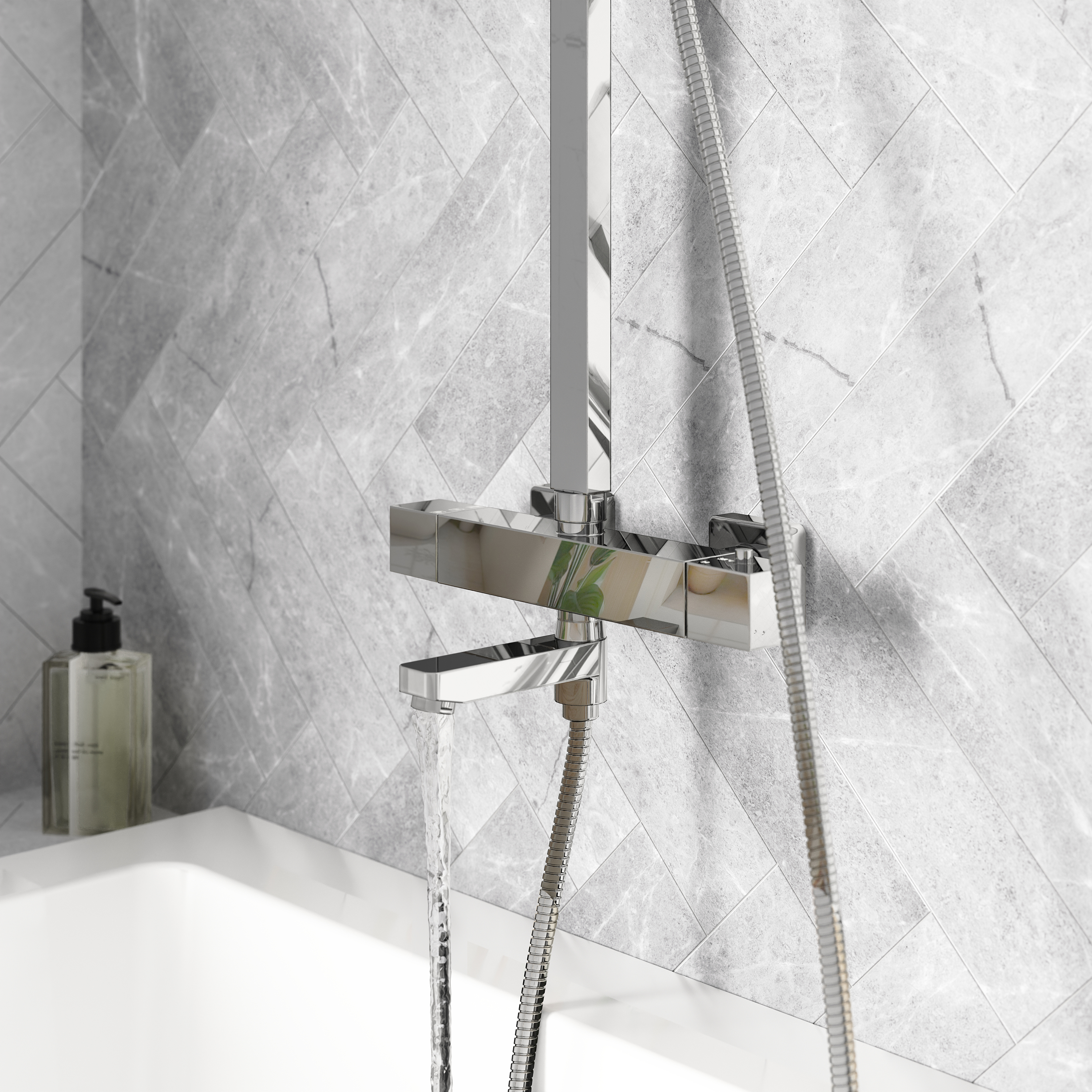 Vellamo Blox Exposed 3 Outlet Rigid Riser Thermostatic Shower Set with Integrated Bath Spout