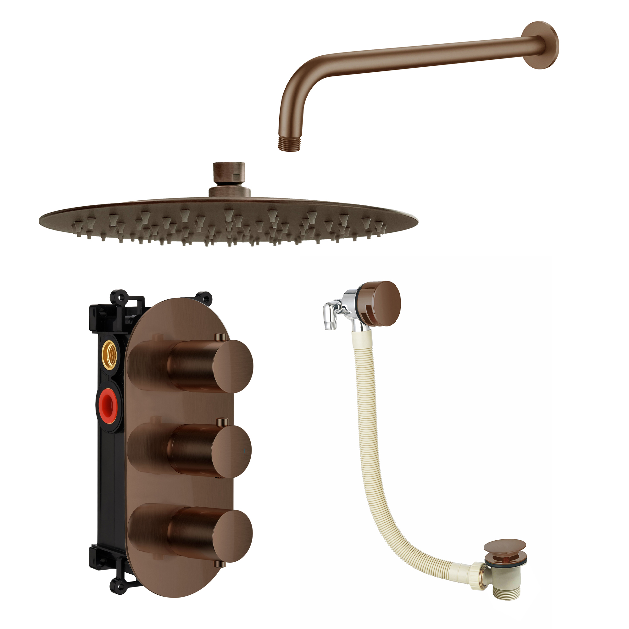 Harbour Clarity Brushed Bronze Shower Package with 2 Outlet Valve, Fixed Head & Wall Arm and Overflow Bath Filler