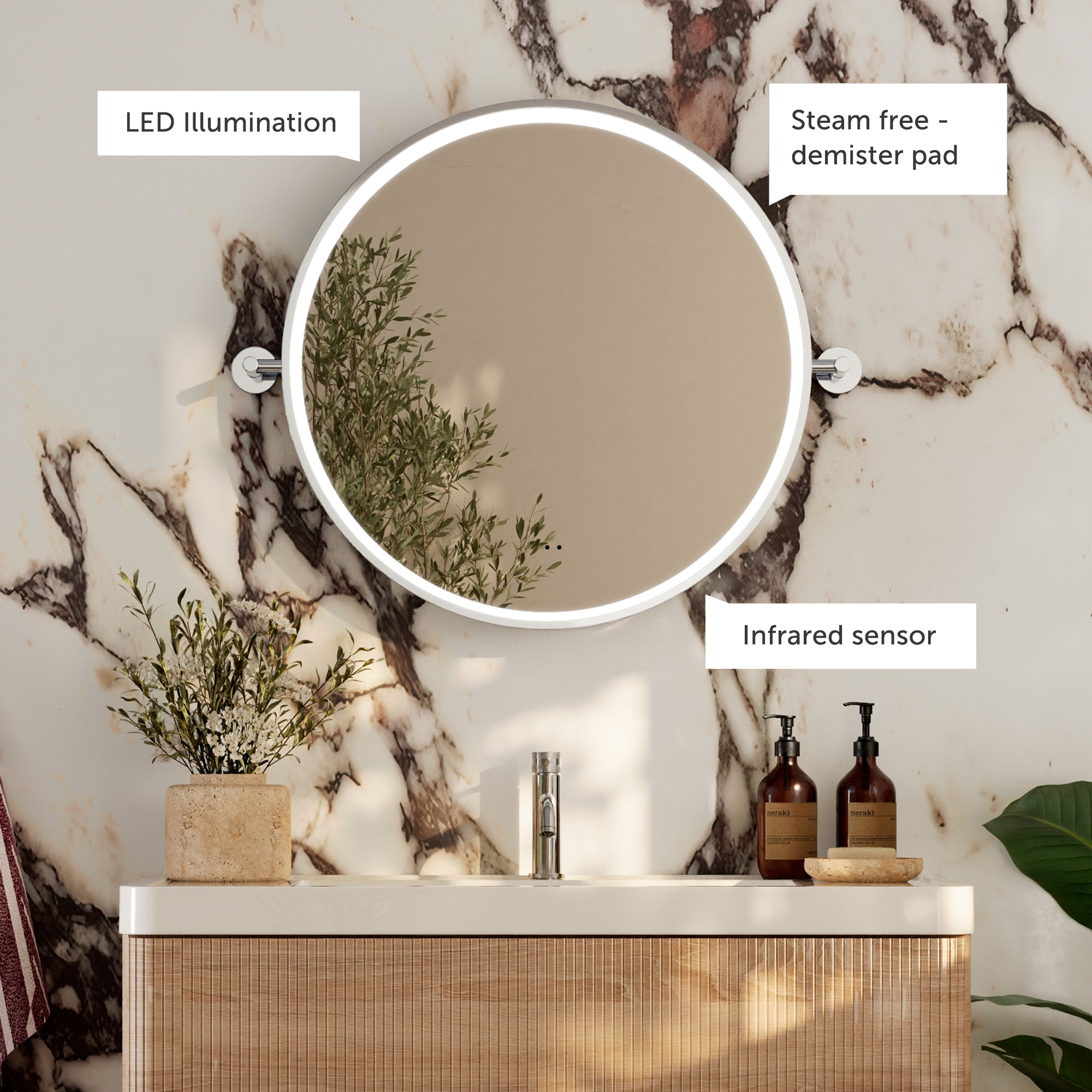 Ester LED Illuminated Framed Round Pivot Mirror with Demister Pad - 600mm