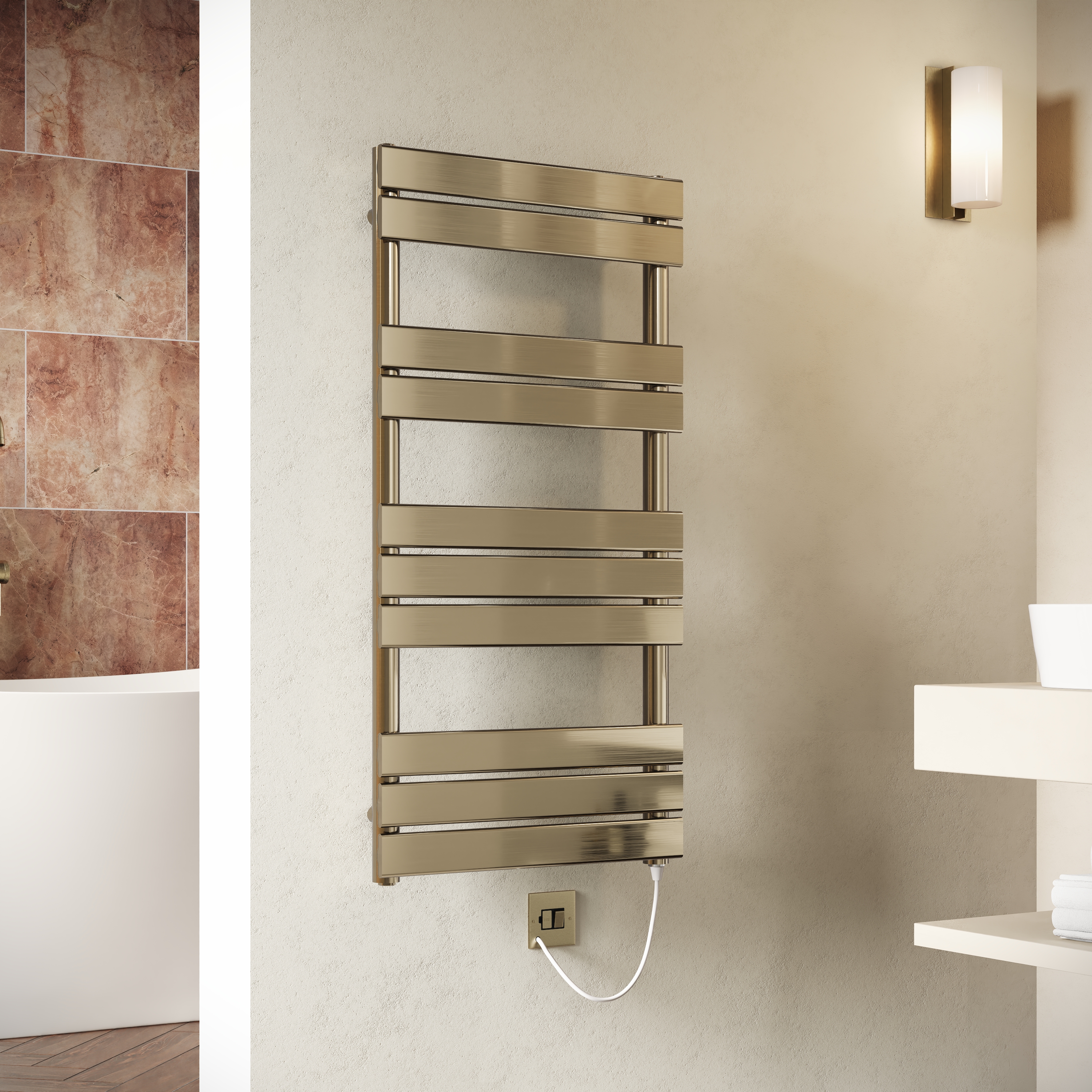 Toasty Hush Brushed Brass Electric Flat Panel Heated Towel Rail with Heating Element