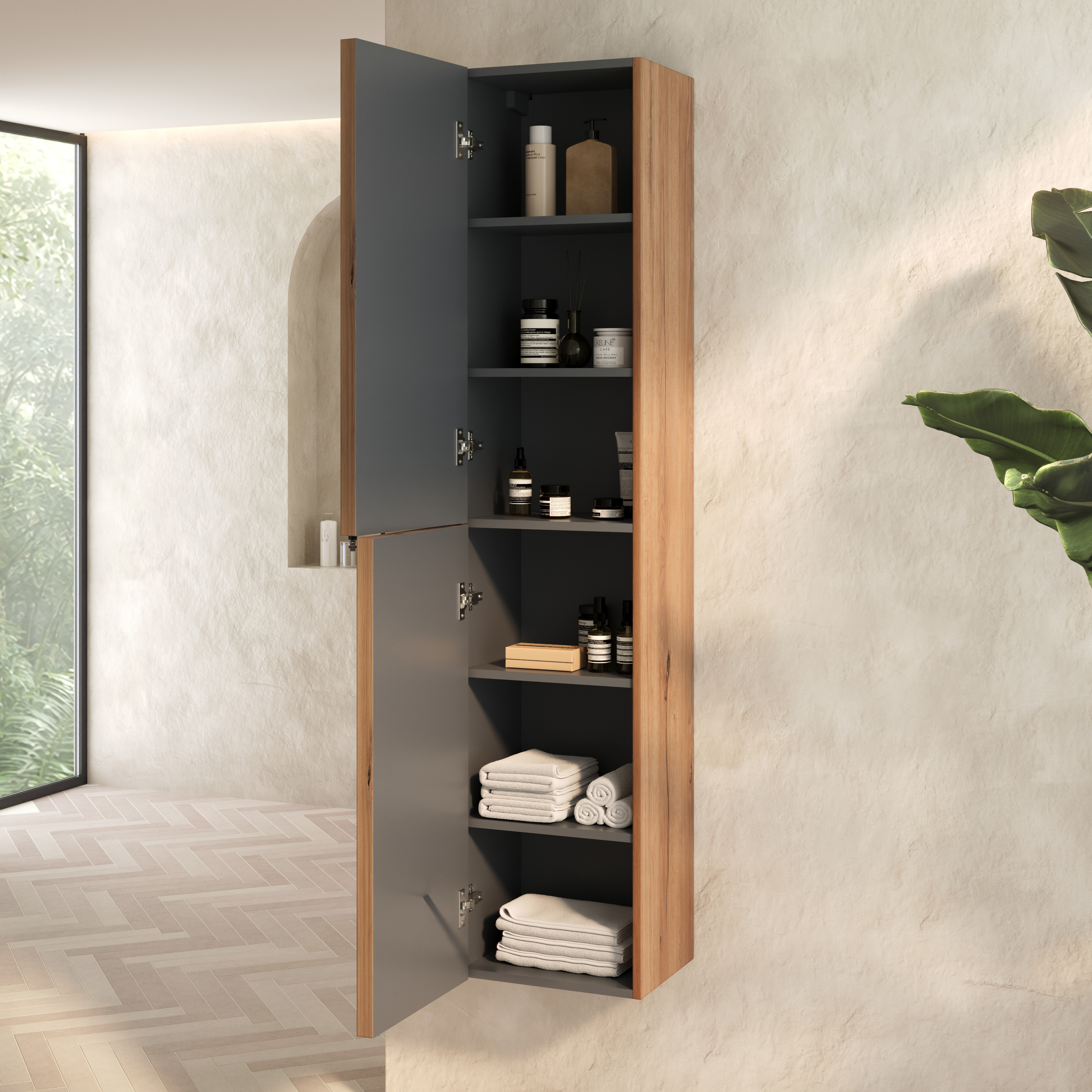 Aura 1600mm Tall Wall Mounted Natural Oak Storage Unit