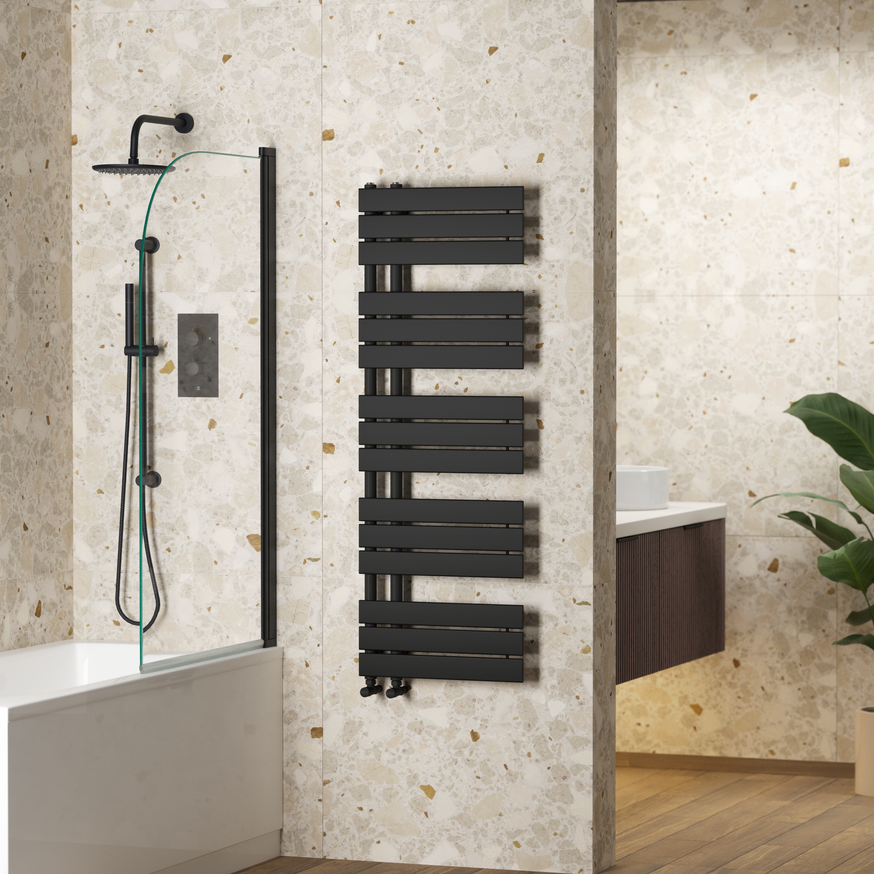 Toasty Haven Matt Black Flat Panel Offset Heated Towel Rail - 1290 x 500mm