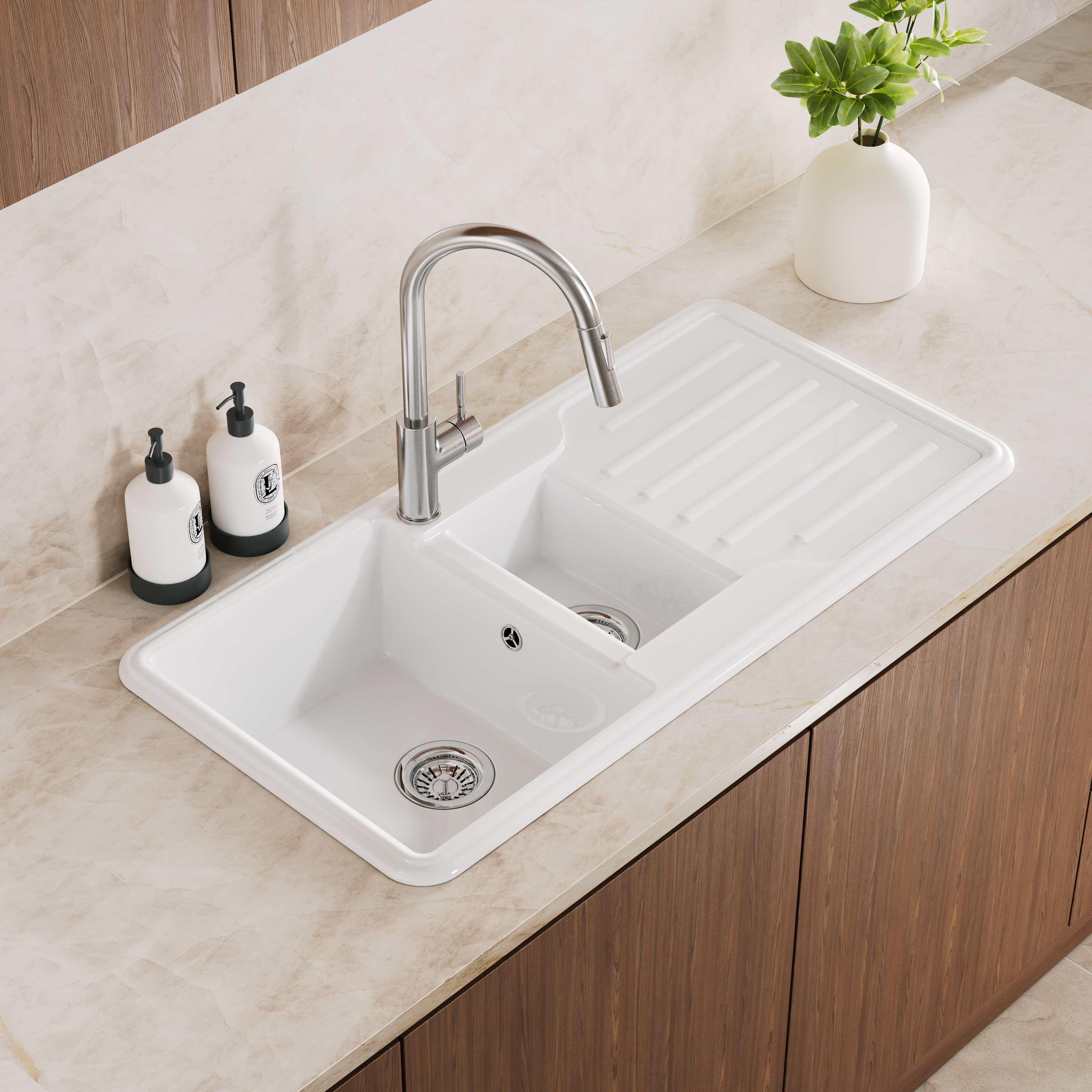 Vellamo Designer 1.5 Bowl Gloss White Traditional Comite Composite Inset Sink & Basket Strainer Waste - 1000 x 500mm