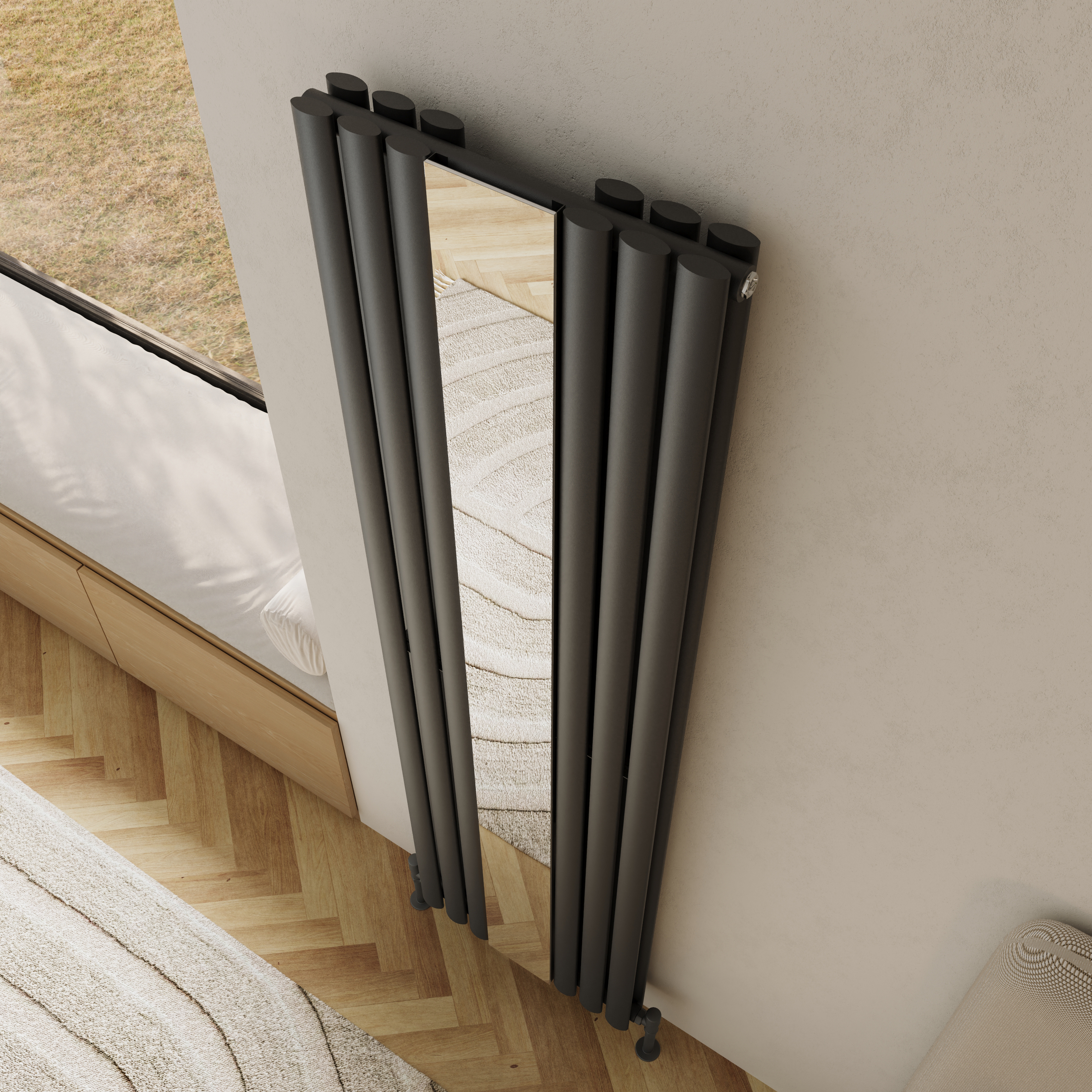 Toasty Echo Anthracite Grey Oval Double Panel Vertical Mirror Radiator - 1800 x 500mm