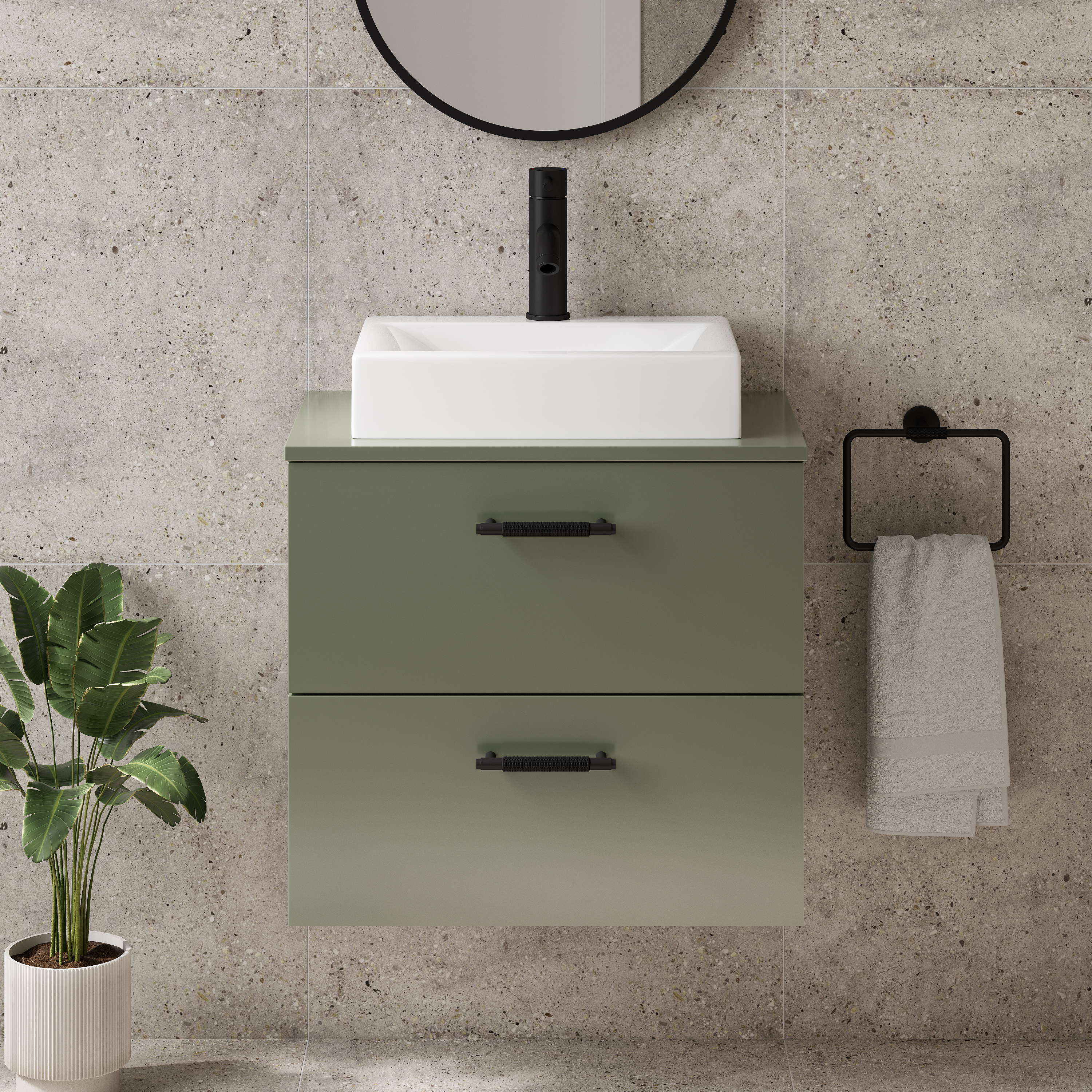 Erin 600mm Wall Mounted Satin Green 2 Drawer Vanity Unit & Worktop with Vellamo Rectangular Countertop Basin