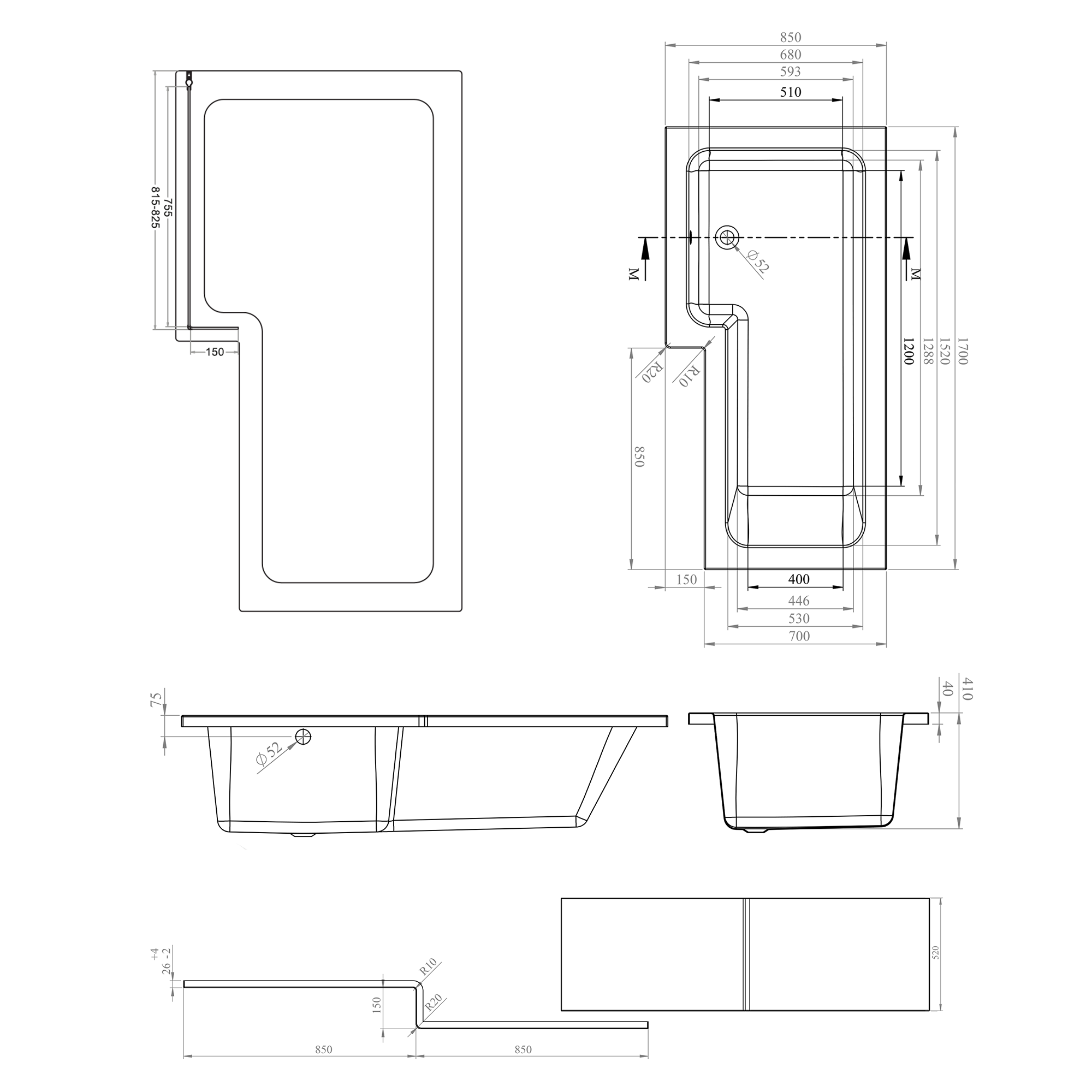 Erin Shower Bath Suite with 1700mm L Shaped Bath & Rimless Toilet