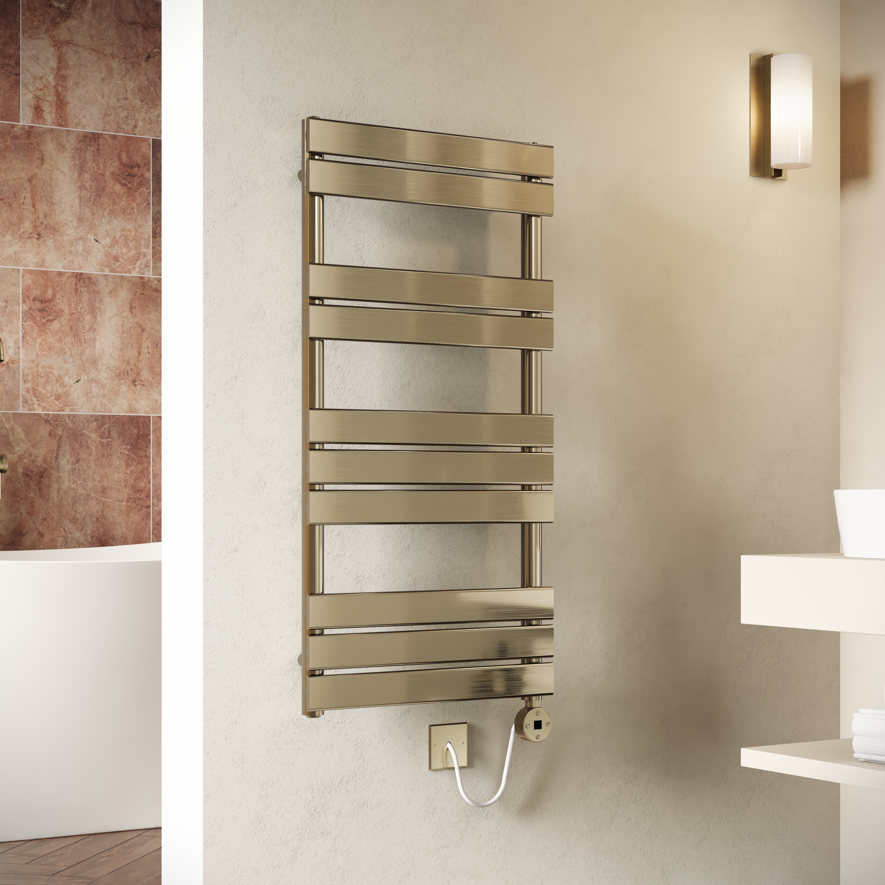 Toasty Hush Brushed Brass Electric Flat Panel Heated Towel Rail with Heating Element