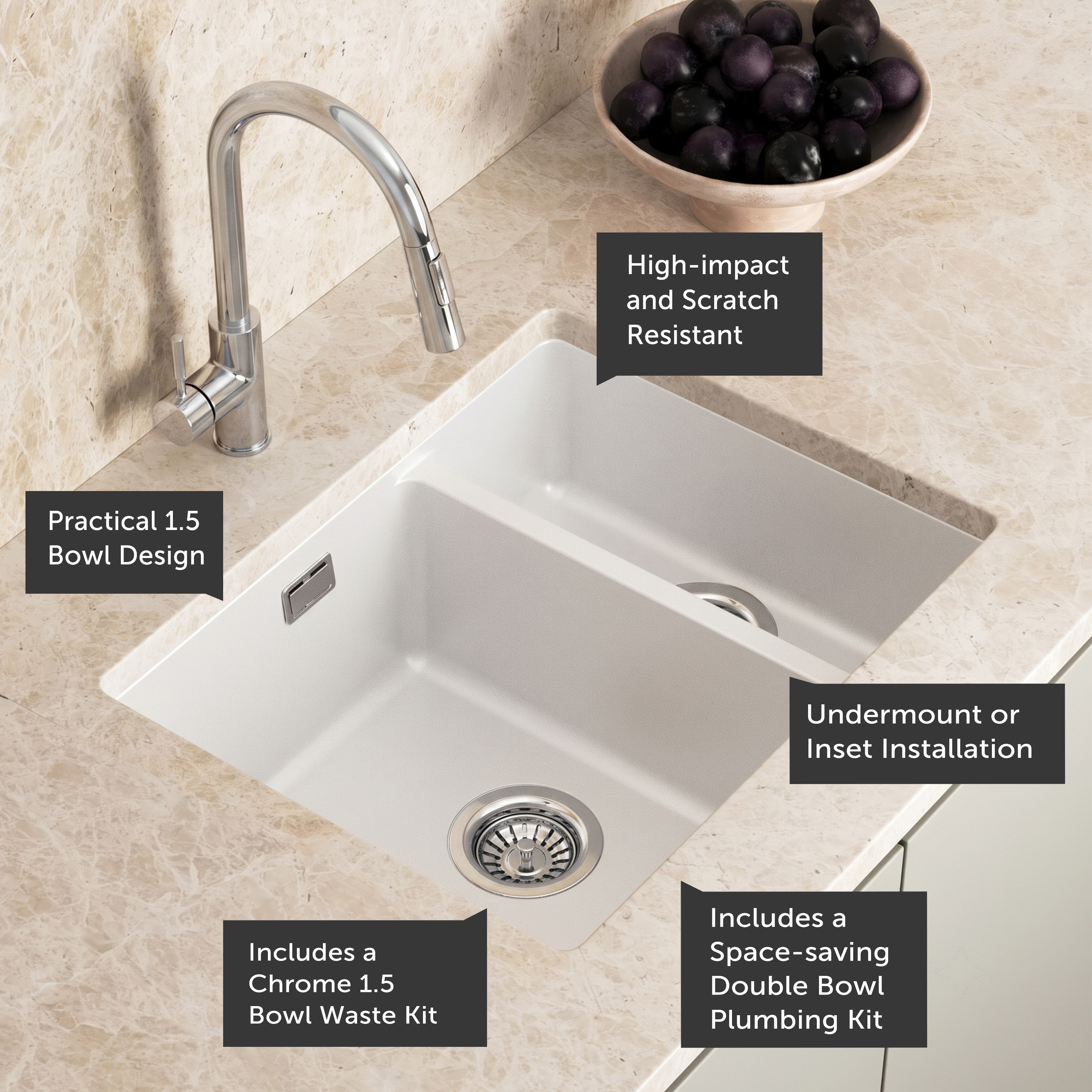 Vellamo Terra 1.5 Bowl Granite Composite Inset/Undermount Kitchen Sink & Waste Kit - 555 x 460mm