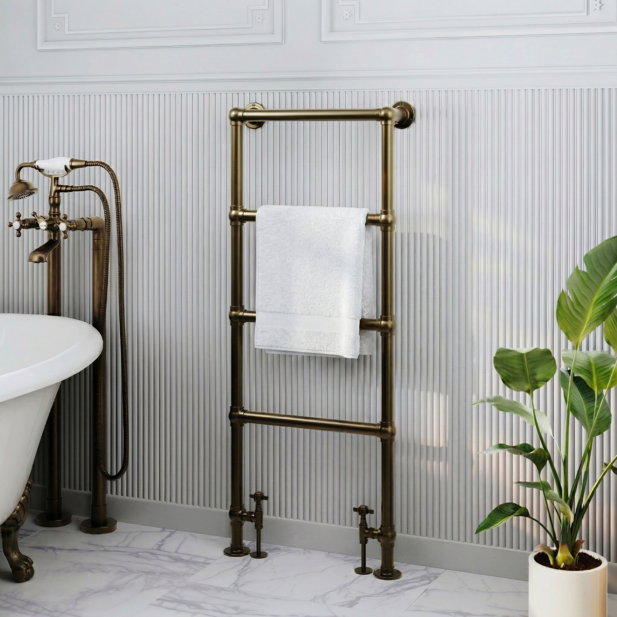 Toasty Merrin Antique Brass Floorstanding Traditional Heated Towel Rail - 1195 x 500mm