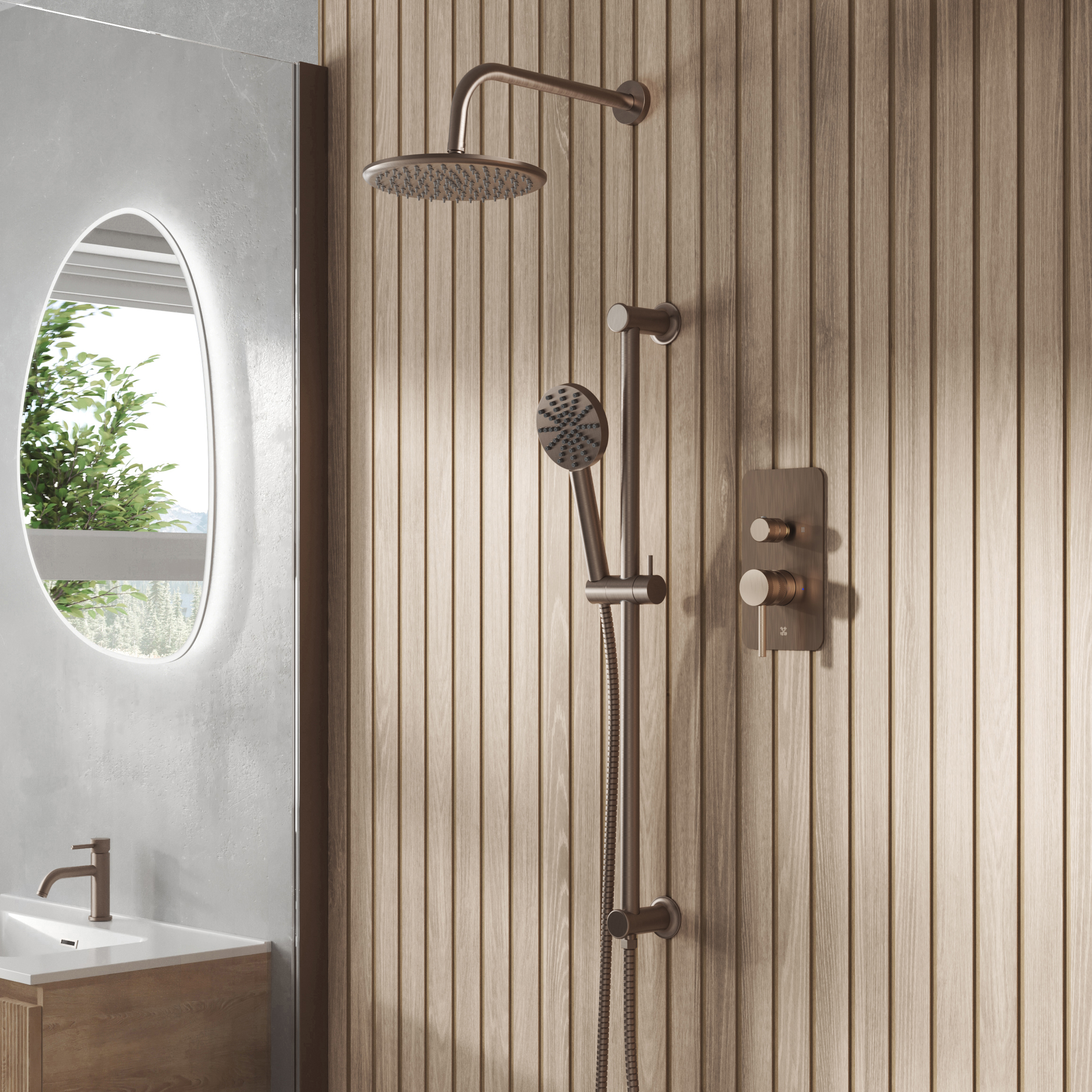 Core Shower Package with 2 Outlet Manual Valve, Fixed Wall Mounted Shower Head & Fluted Handset Slide Rail Kit