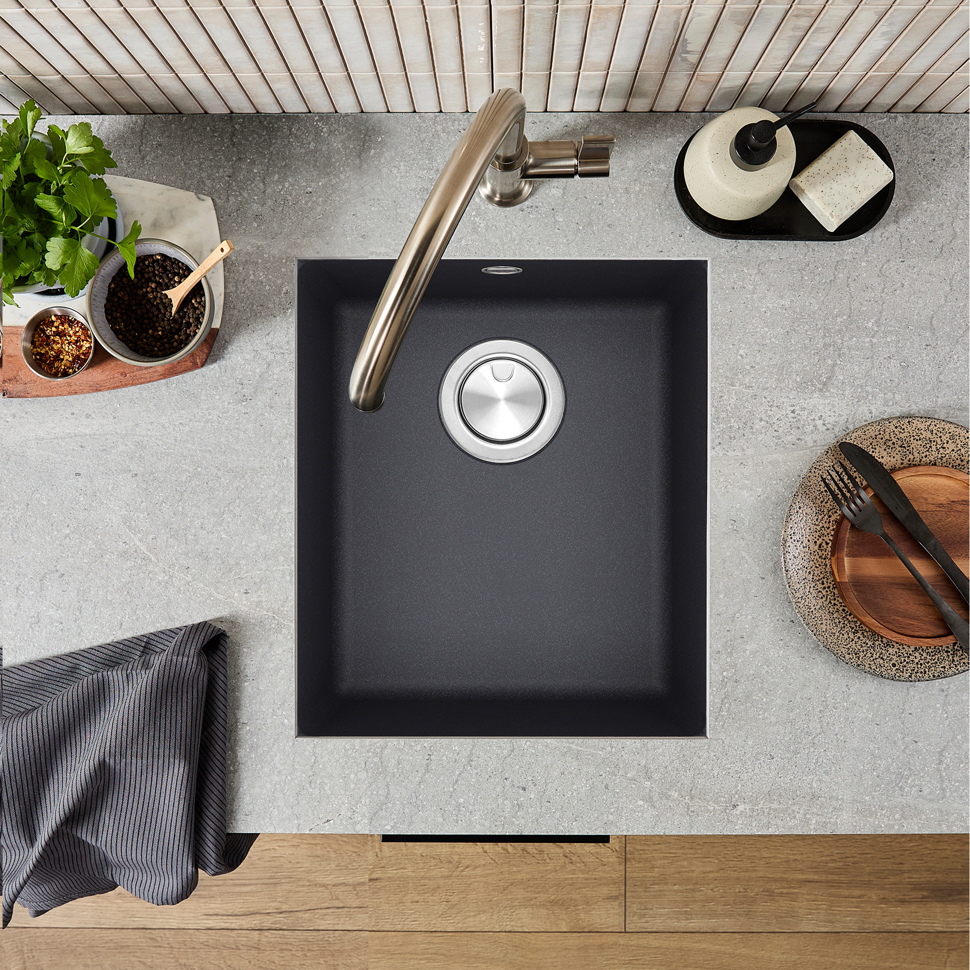 Clearwater Lumen 1 Bowl Granite Composite Inset/Undermount Kitchen Sink - 390 x 450mm