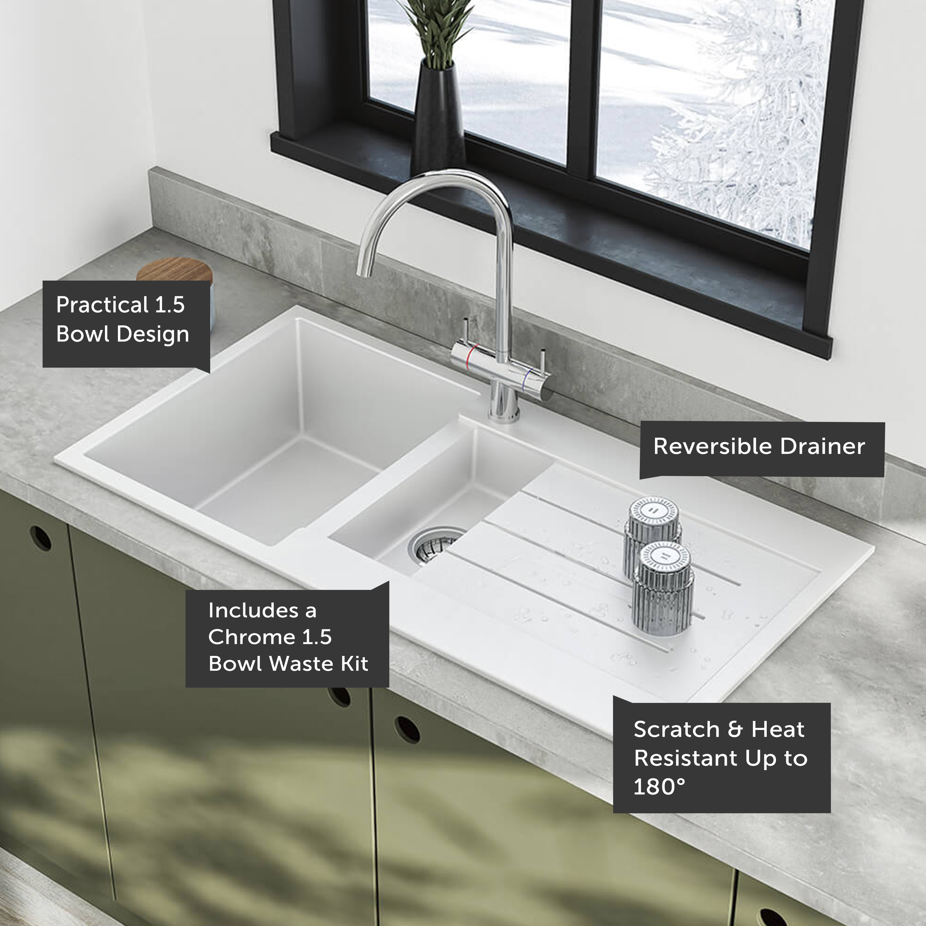 Vellamo Designer 1.5 Bowl Comite Composite Kitchen Sink & Waste with Reversible Drainer - 1000 x 500mm