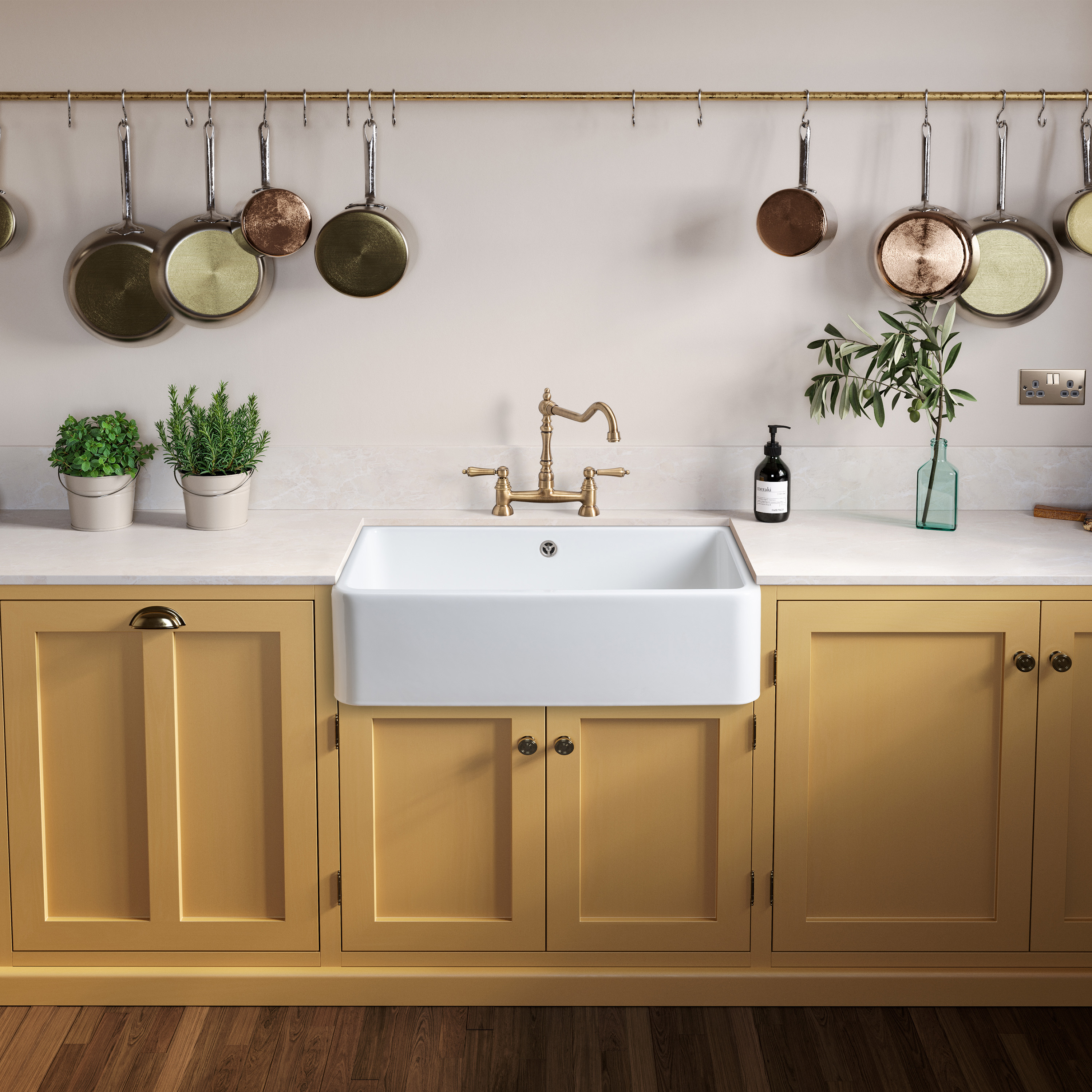 Rangemaster Farmhouse 1 Bowl White Fireclay Ceramic Belfast Sink & Waste Kit - 795 x 460mm