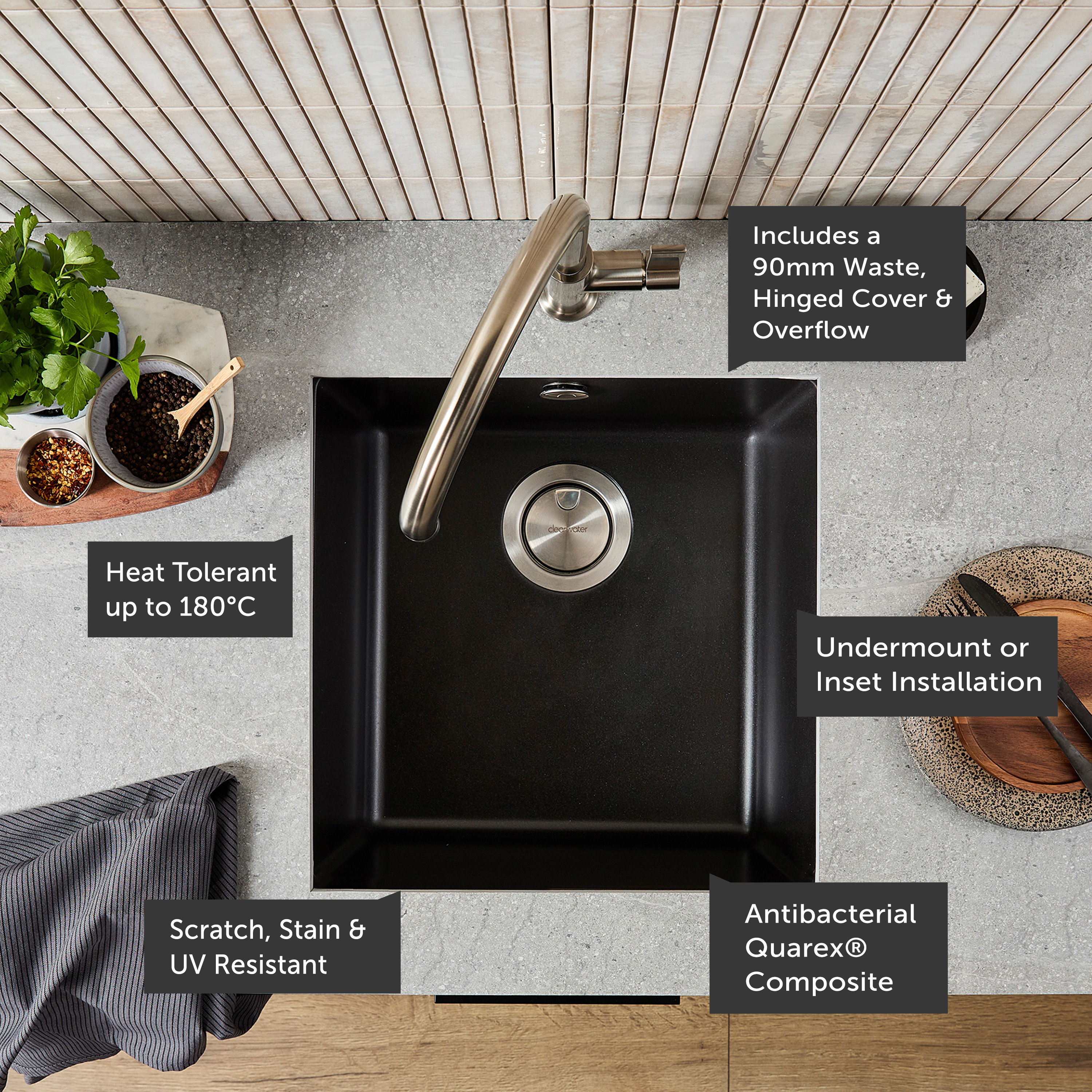 Clearwater Lumen 1 Bowl Granite Composite Inset/Undermount Kitchen Sink - 450 x 450mm