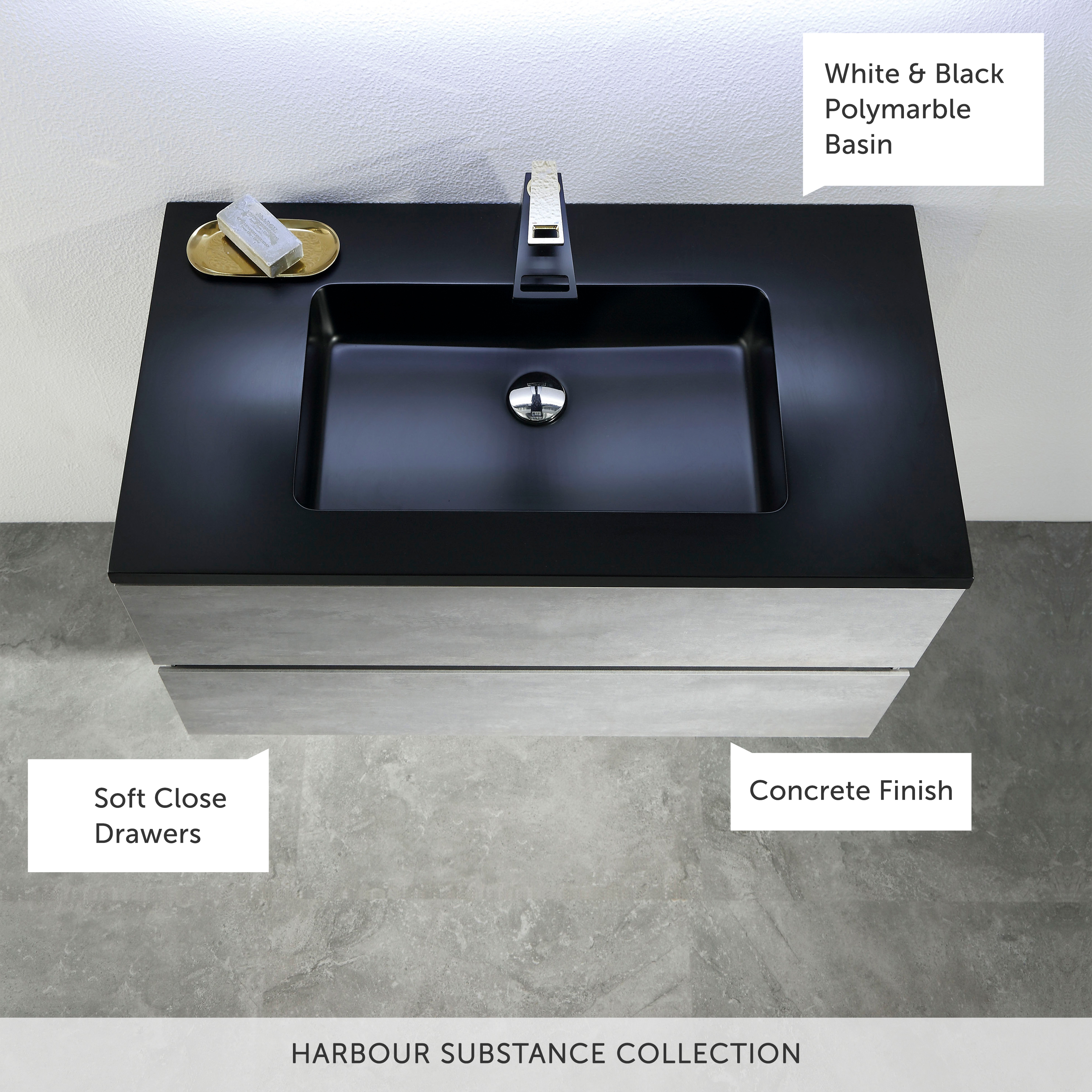 Harbour Substance 900mm 2 Drawer Wall Mounted Vanity Unit & Basin Options - Concrete Effect