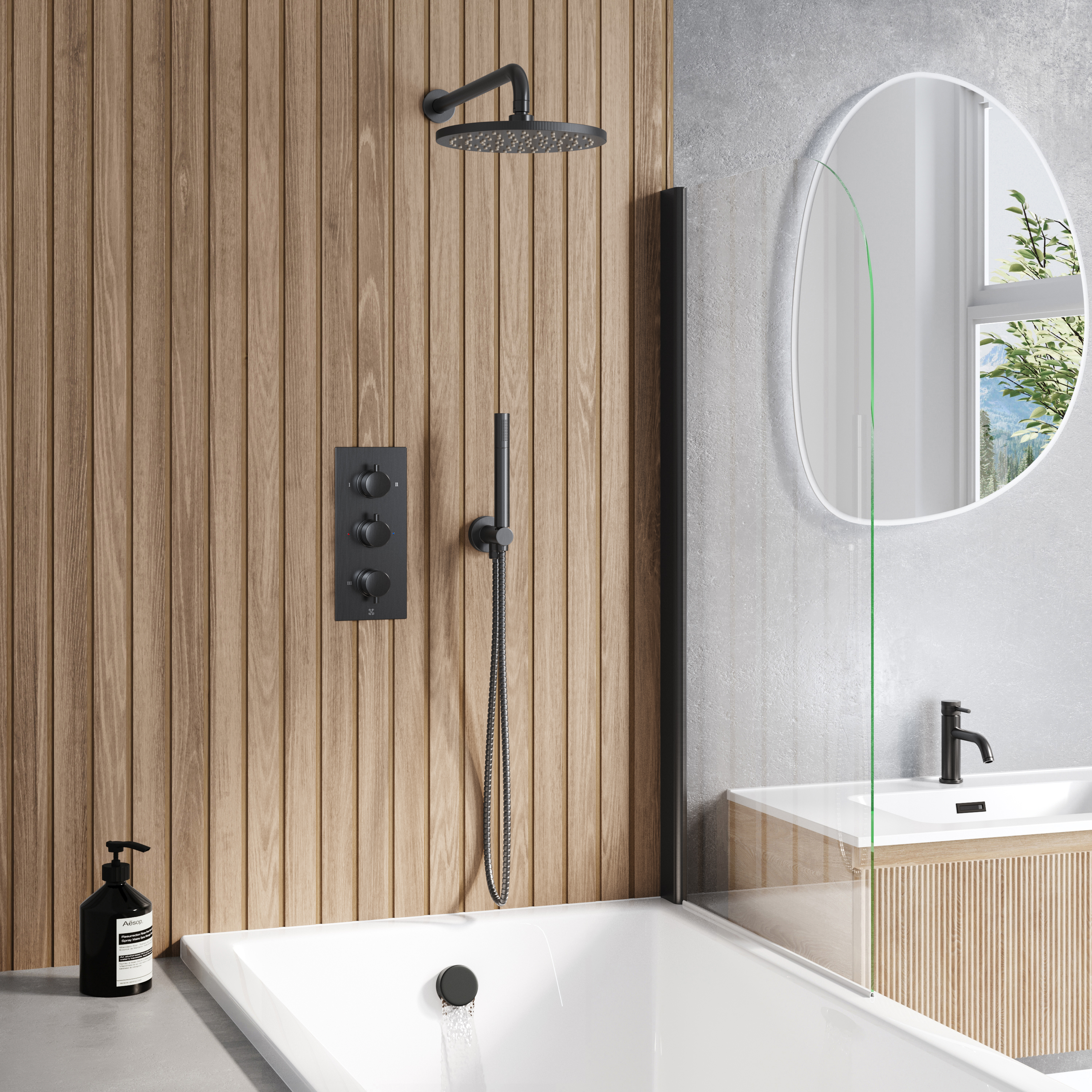 Core Shower Package with 3 Outlet Portrait Valve, Fixed Shower Head, Kit & Overflow Bath Filler