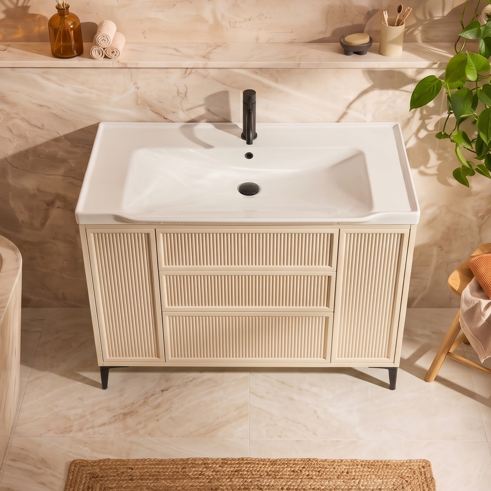 Elara 1000mm Floorstanding Stone Fluted Vanity Unit & Basin with Leg Set