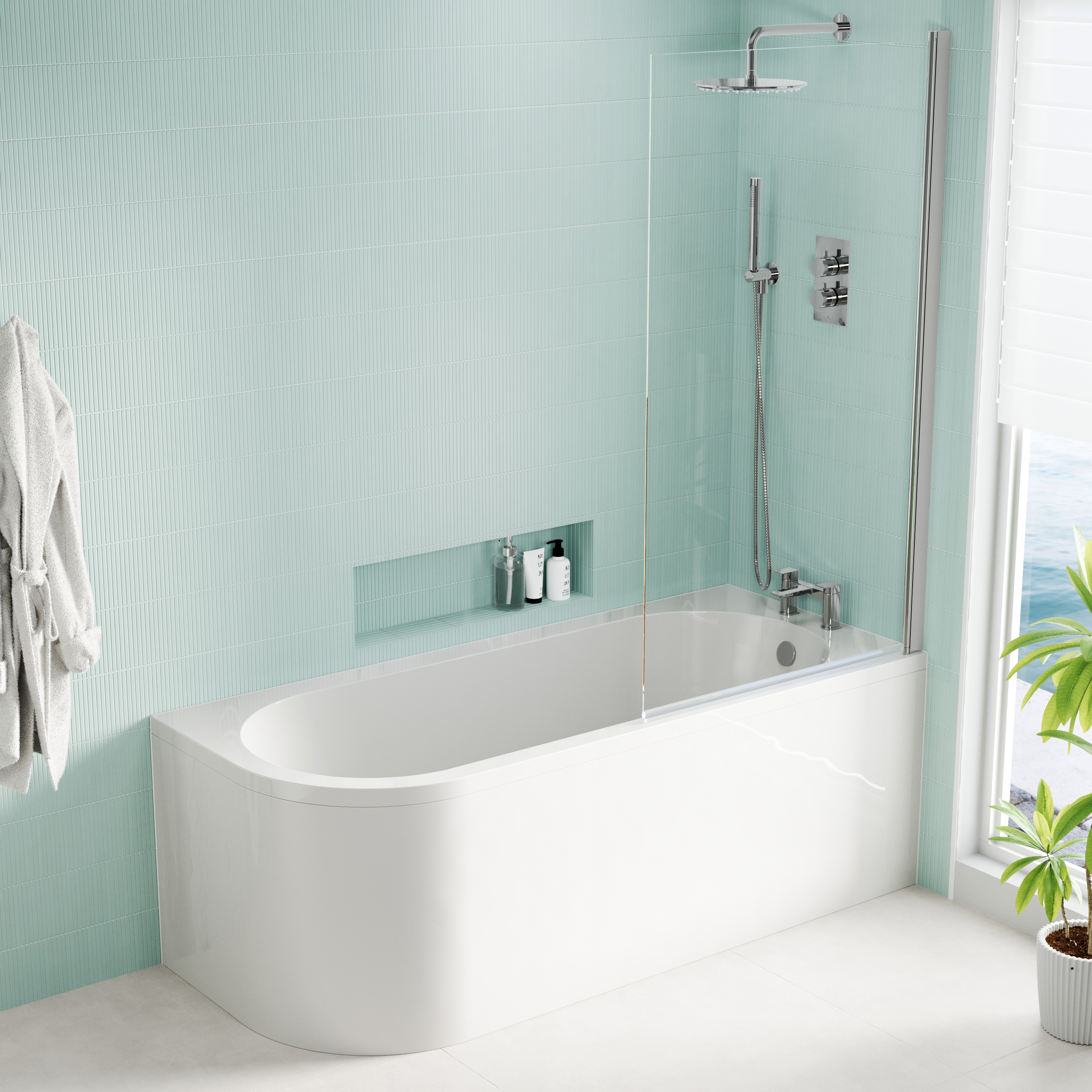 Armourcast Reinforced J Shaped Shower Bath with Panel & Shower Screen - 1700mm