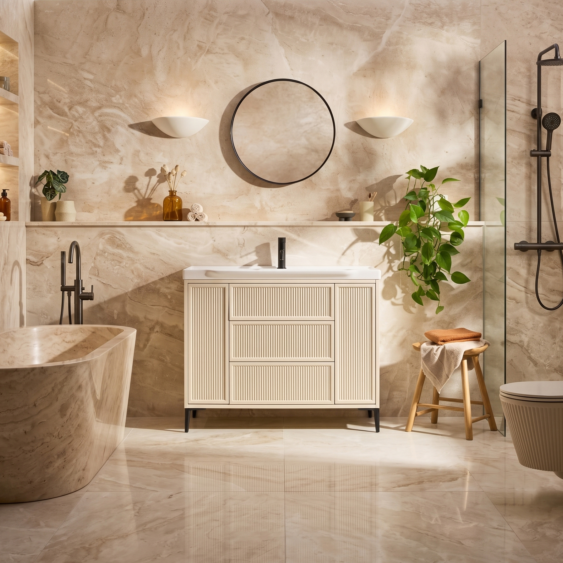 Elara 1000mm Floorstanding Stone Fluted Vanity Unit & Basin with Leg Set