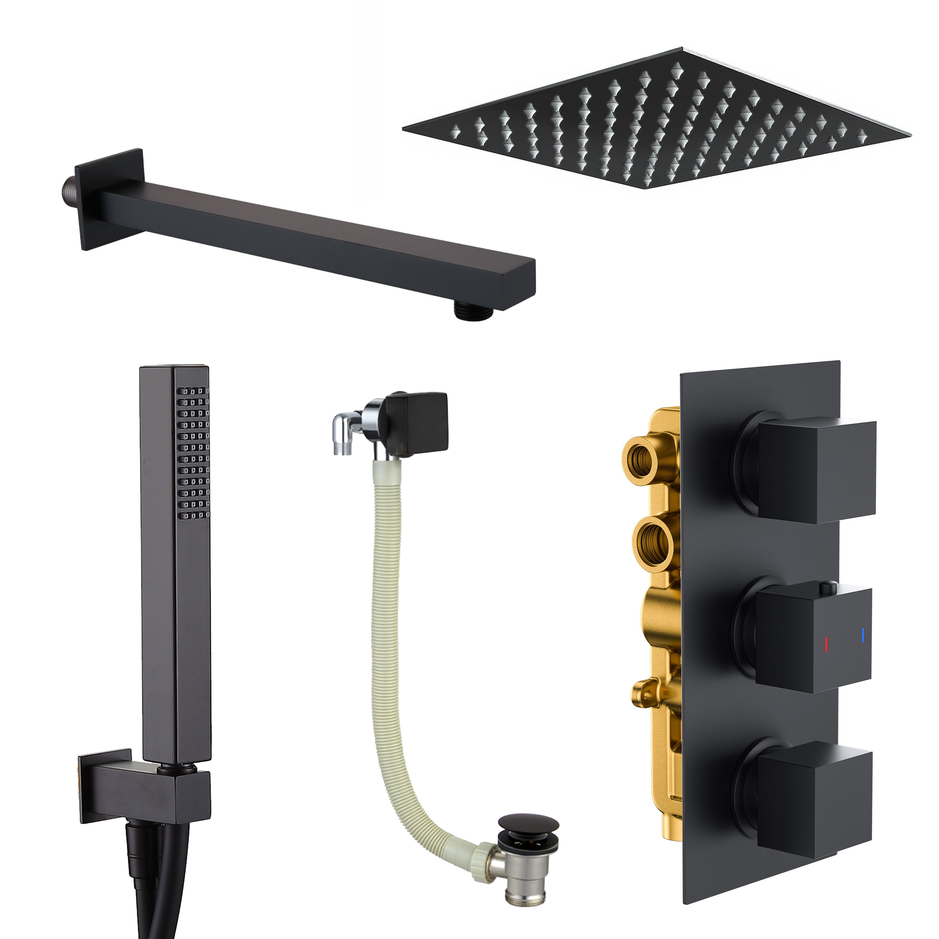Harbour Status Matt Black Shower Package with 3 Outlet Valve, Fixed Head & Arm, Wall Shower Kit & Overflow Bath Filler