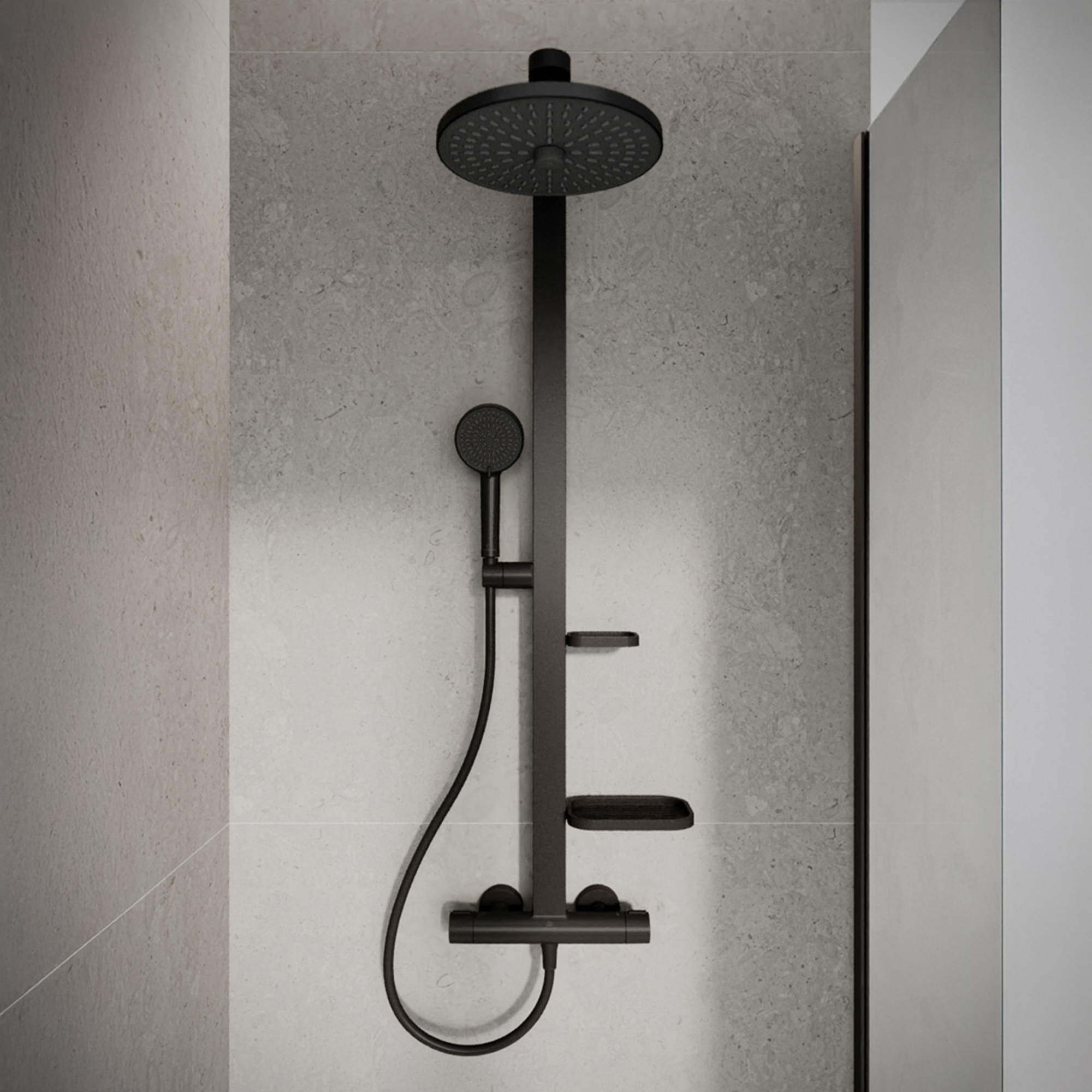 Ideal Standard Ceratherm Alu+ Exposed Thermostatic Shower Kit with Multi-Function Shower Head, Handset & 2 Shelves