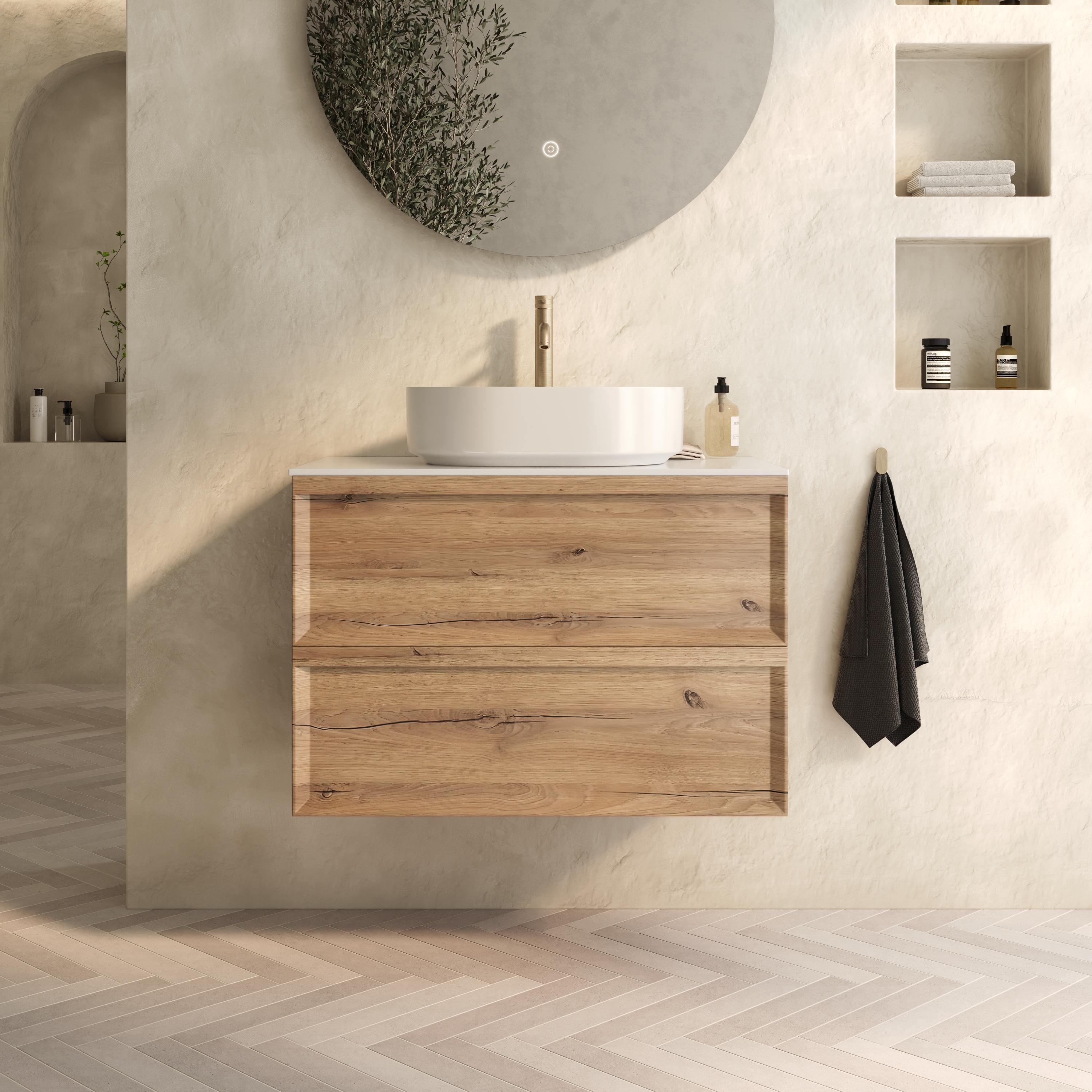 Aura 800mm Wall Mounted Natural Oak Vanity Unit & Sintered Stone Countertop