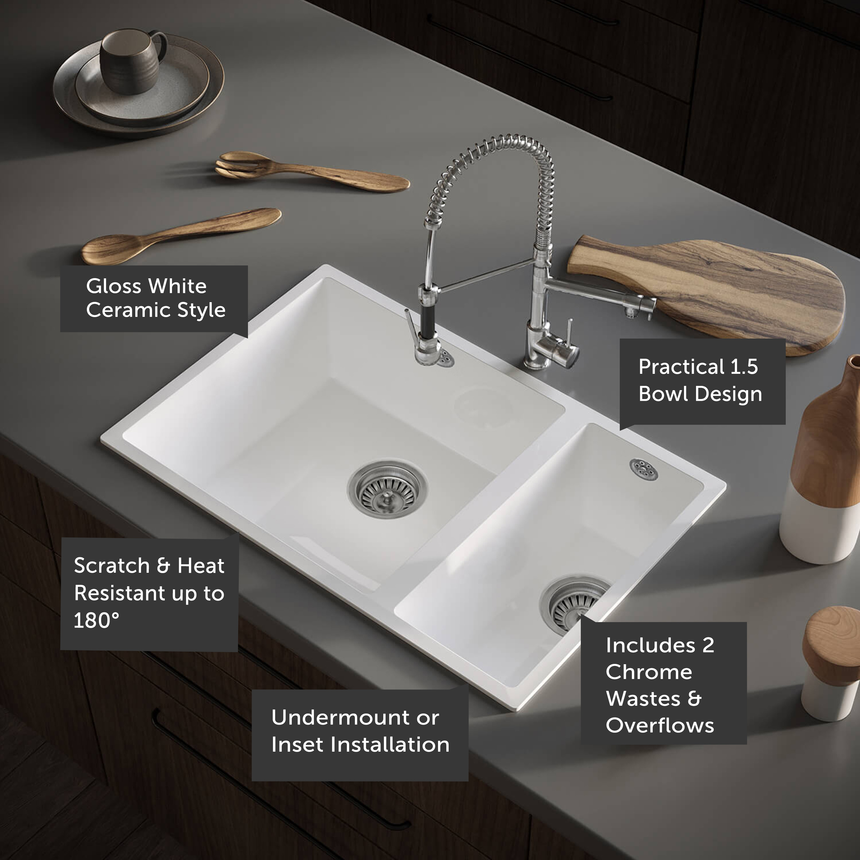 Vellamo Ceramic-Style Gloss White Composite Inset / Undermount 1.5 Bowl Kitchen Sink & Waste - 670 x 440mm