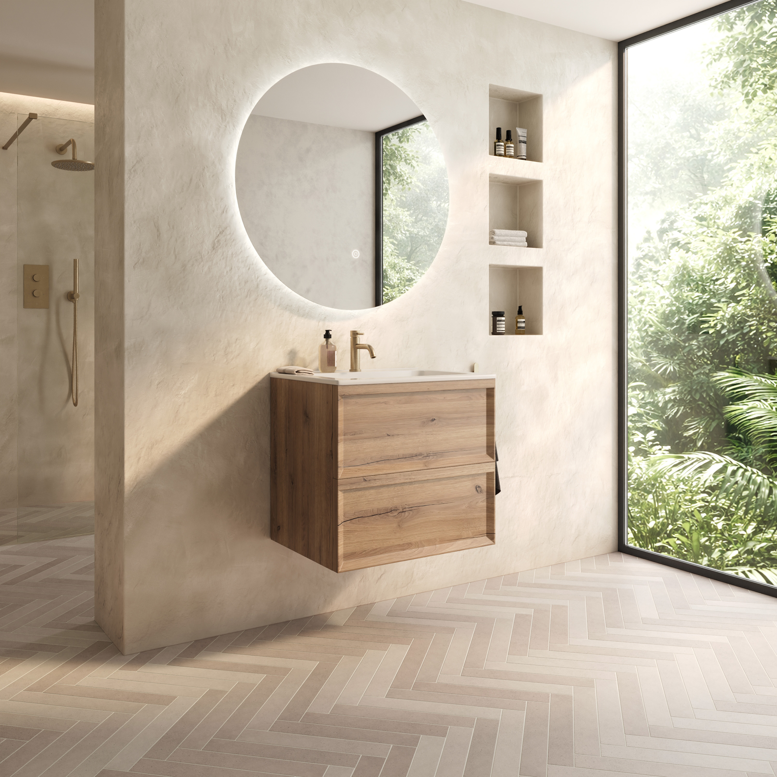 Aura 600mm Wall Mounted Natural Oak Vanity Unit & Matt White Basin