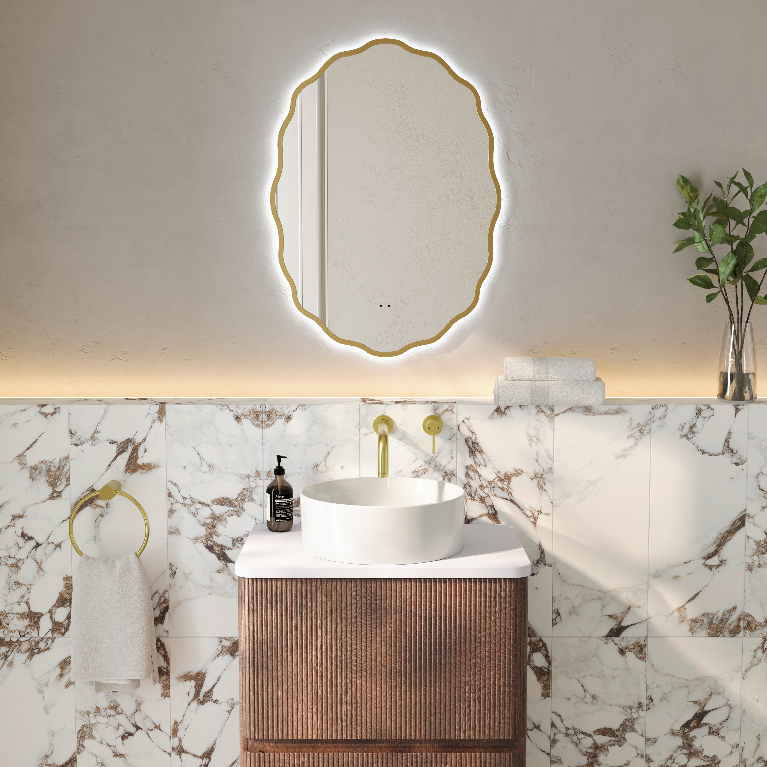 Daisy LED Illuminated Wavy Edge Framed Mirror with Demister Pad & Colour Change Lights - 550 x 750mm