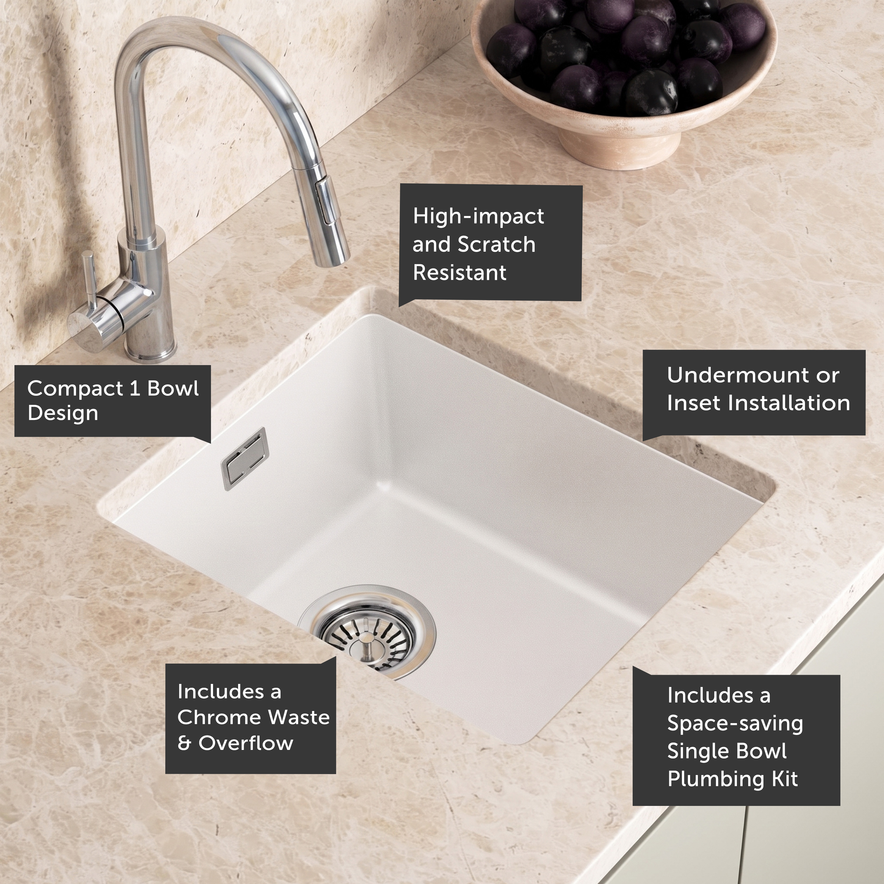 Vellamo Terra Compact 1 Bowl Granite Composite Inset or Undermount Kitchen Sink & Waste - 370 x 460mm
