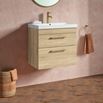 Emily Natural Oak Wall Mounted 2 Drawer Vanity Unit, Thin-Edged Basin, Brushed Brass Handles & Overflow
