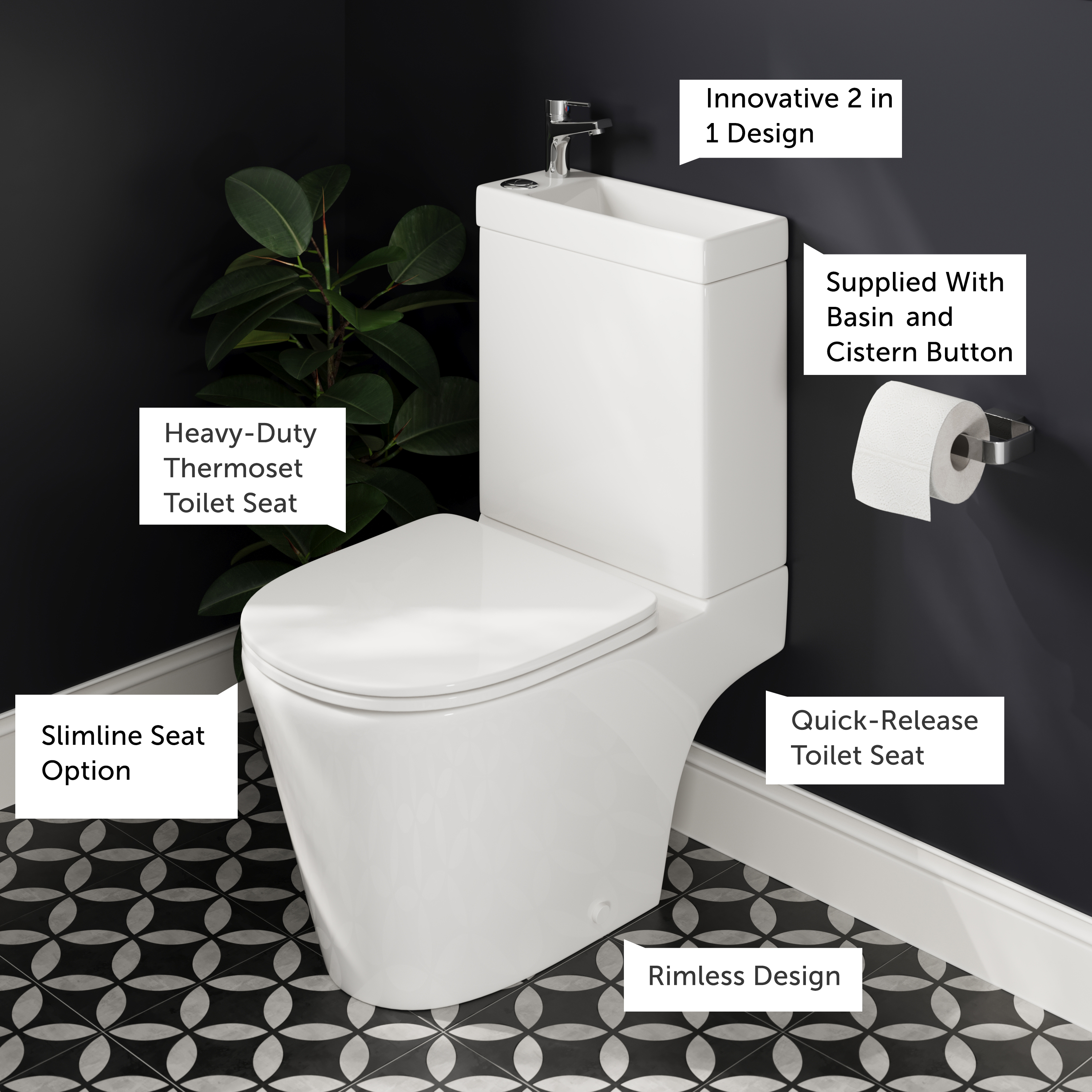 Harbour Clarity 2 in 1 Wash Basin & Close Coupled Open Back Toilet with Soft Close Seat