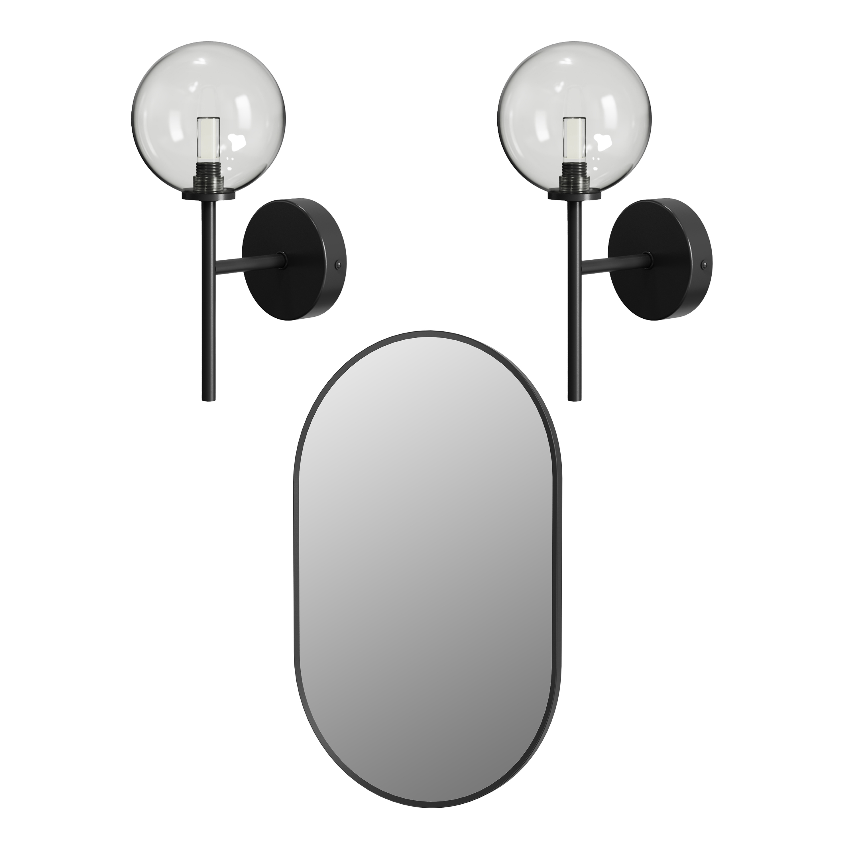 Billy Oval Framed Mirror with Set Of 2 Glass Globe Wall Lights in Matt Black