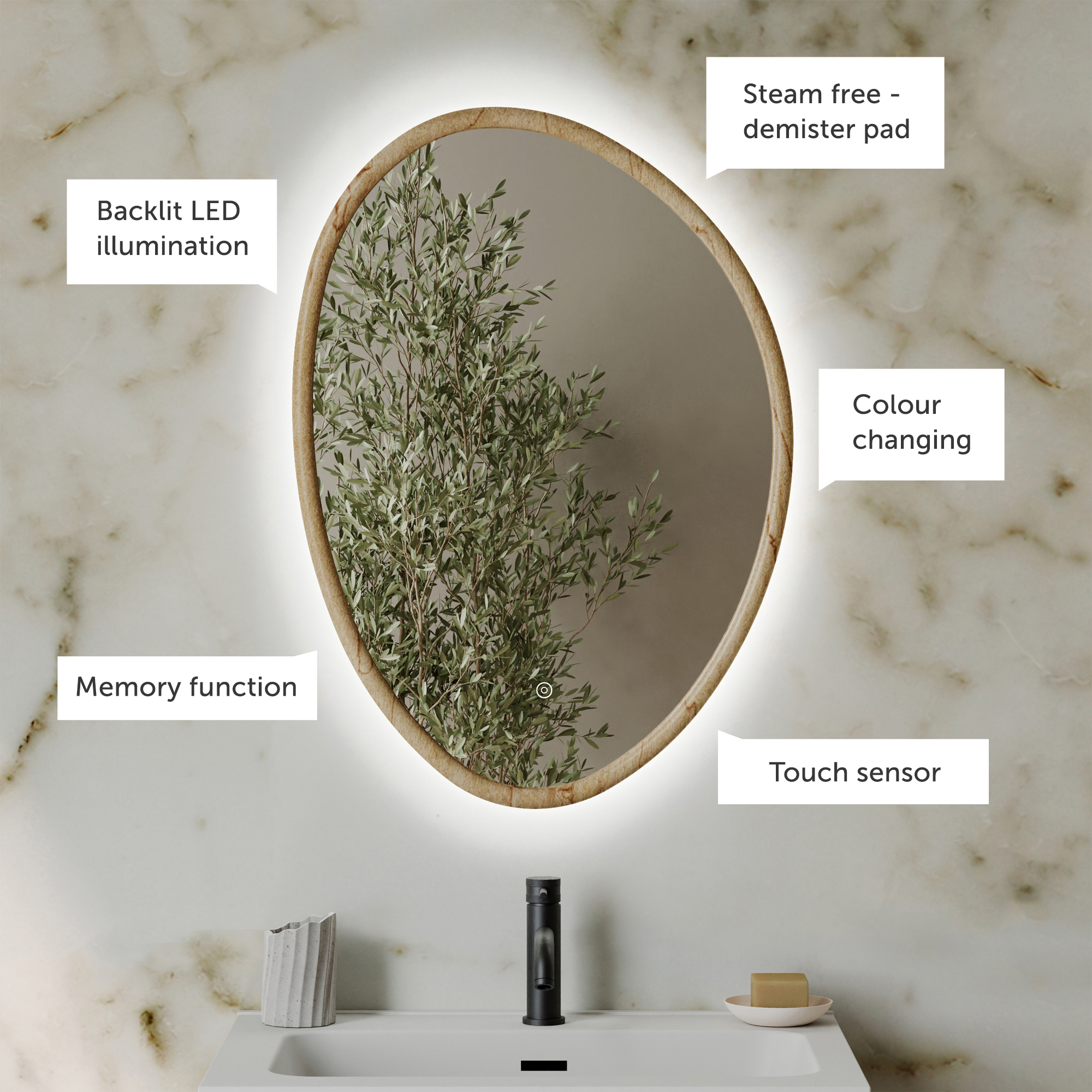 Siena LED Illuminated Stone Effect Framed Mirror with Demister Pad & Colour Change Lights - 500 x 700mm