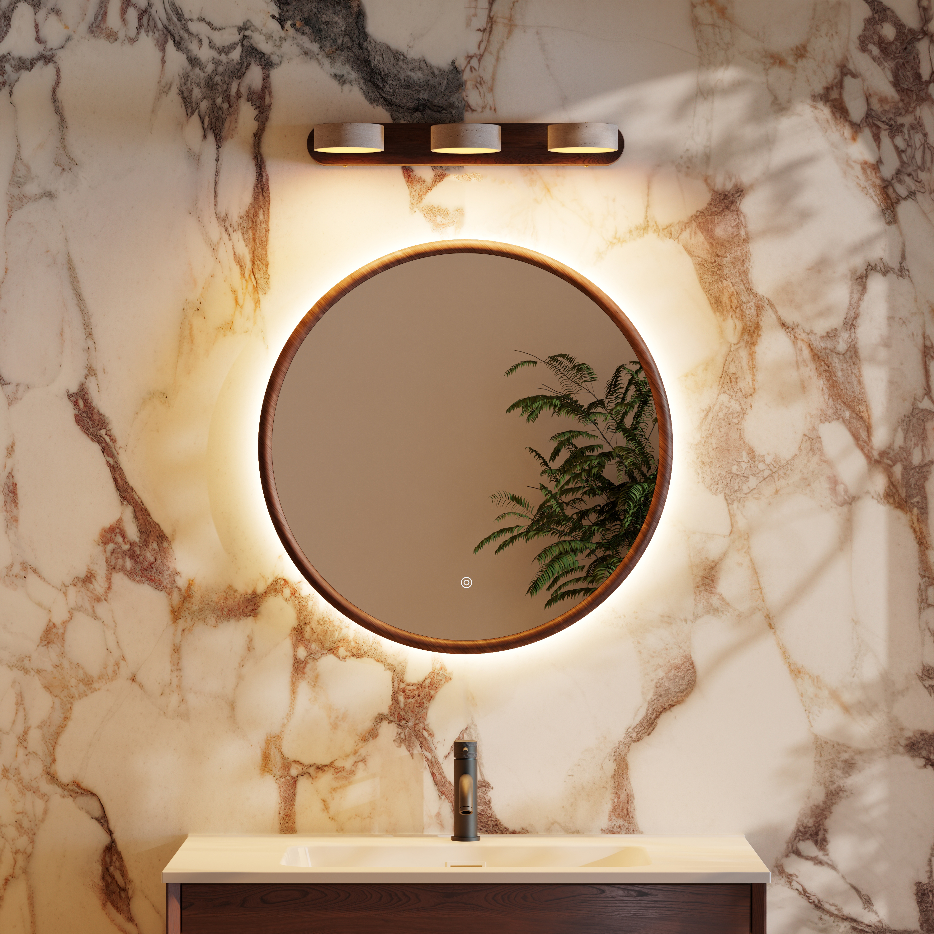 Alfie LED Illuminated Wood Framed Mirror with Trio Stone Wall Light in Dark Wood