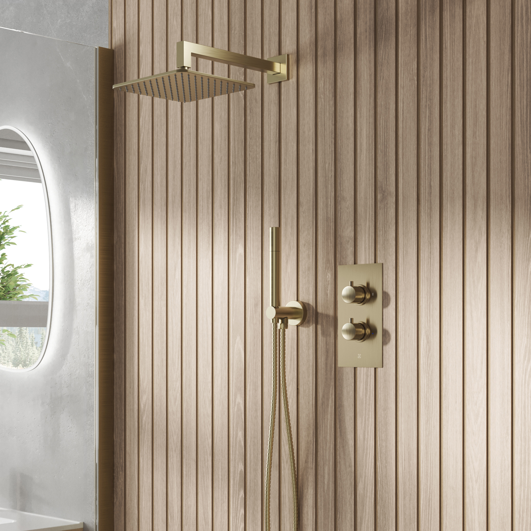 Core Shower Package with 2 Outlet Valve, Fixed Wall Mounted Square Shower Head & Shower Wall Kit