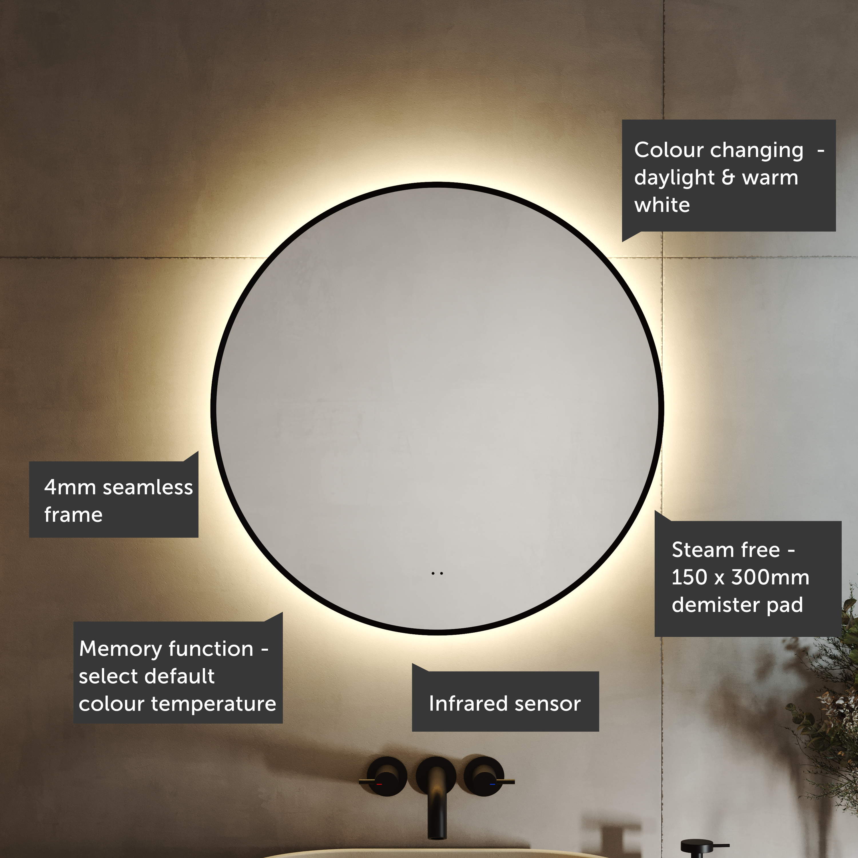 Marcos LED Illuminated Round Framed Mirror with Demister Pad & Colour Change Lights - 600mm
