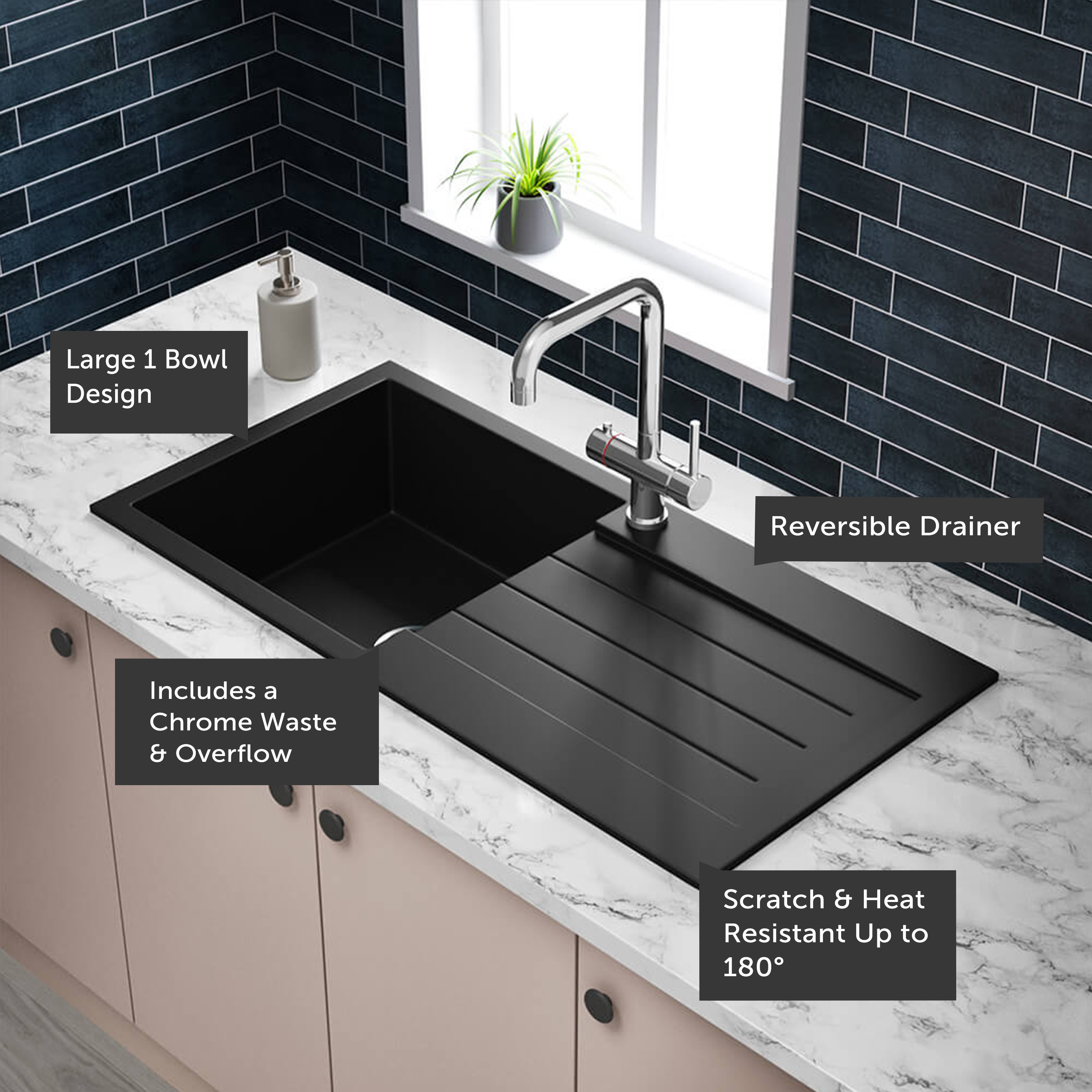 Vellamo Designer 1 Bowl Comite Composite Kitchen Sink & Waste with Reversible Drainer - 1000 x 500mm