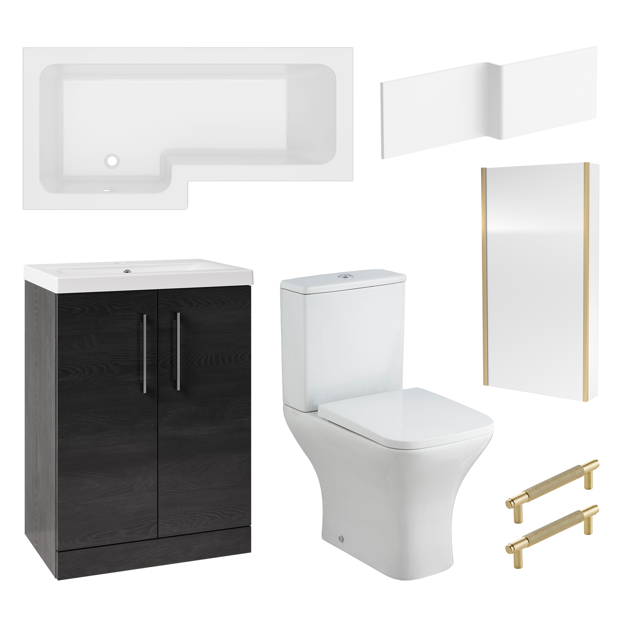 Erin Brushed Brass Shower Bath Suite with 1700mm L Shaped Bath & Rimless Toilet