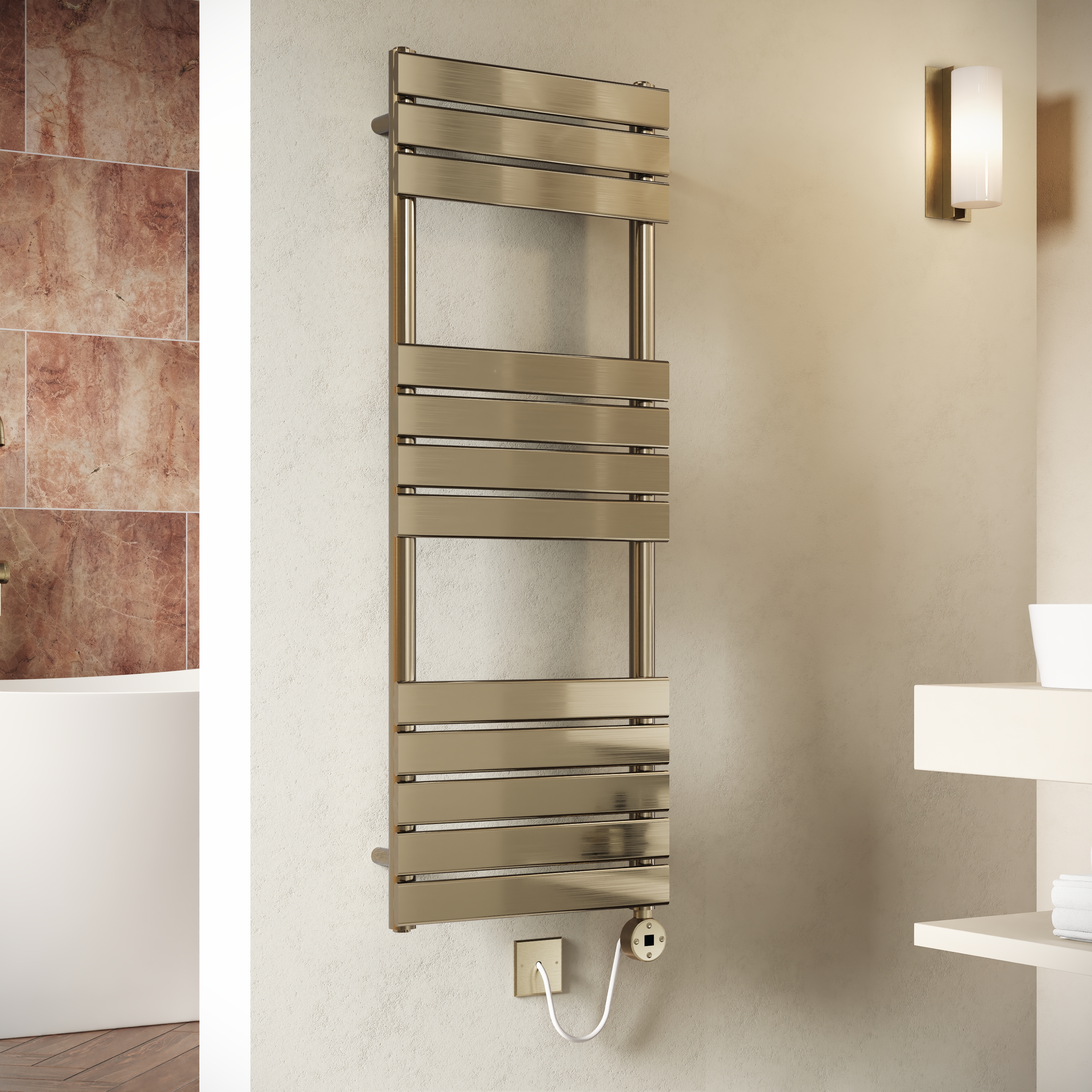 Toasty Hush Brushed Brass Electric Flat Panel Heated Towel Rail with Heating Element