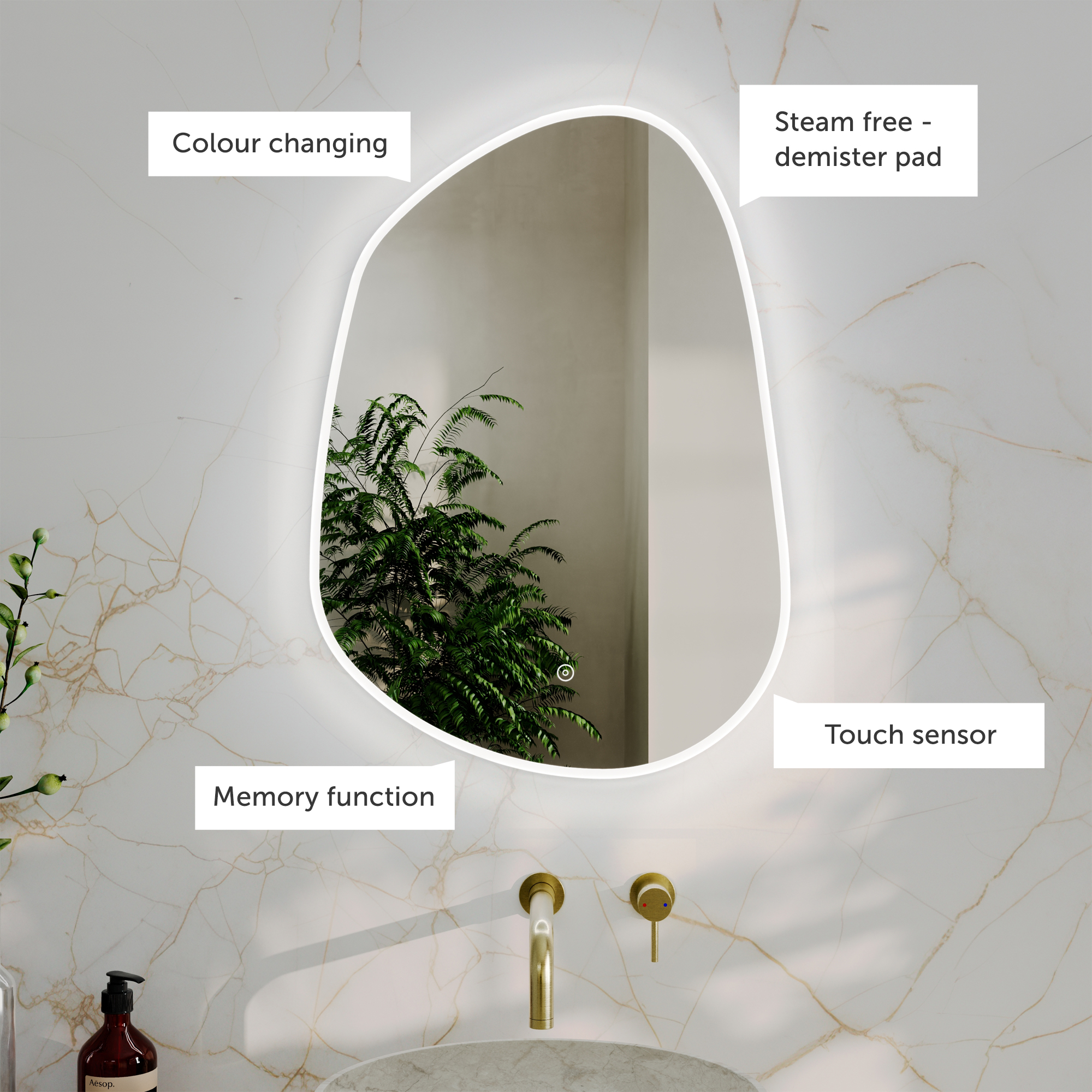 Organics Pond LED illuminated Mirror with Demister Pad & Colour Change Lights - 500 x 700mm