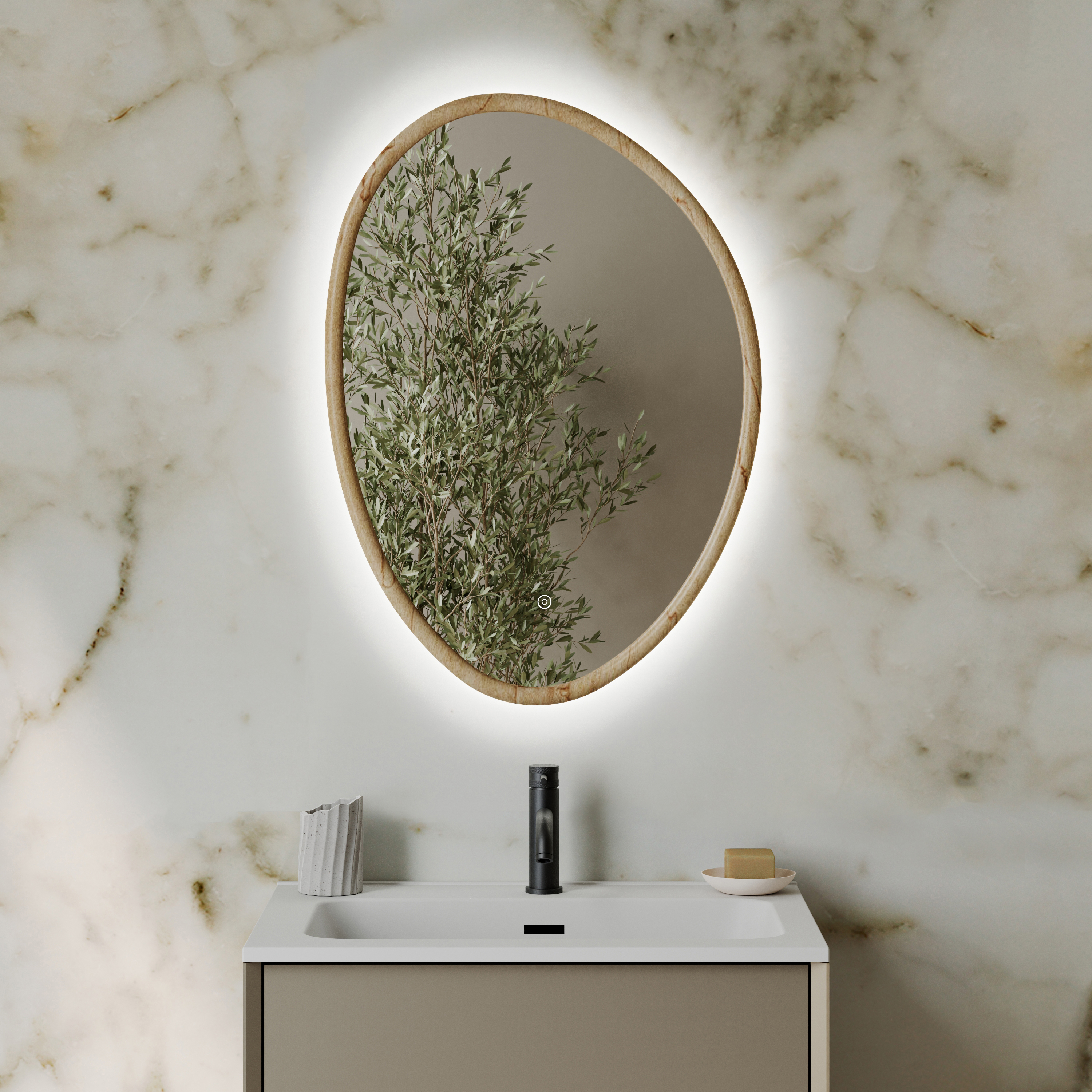 Siena LED Illuminated Stone Effect Framed Mirror with Demister Pad & Colour Change Lights - 500 x 700mm