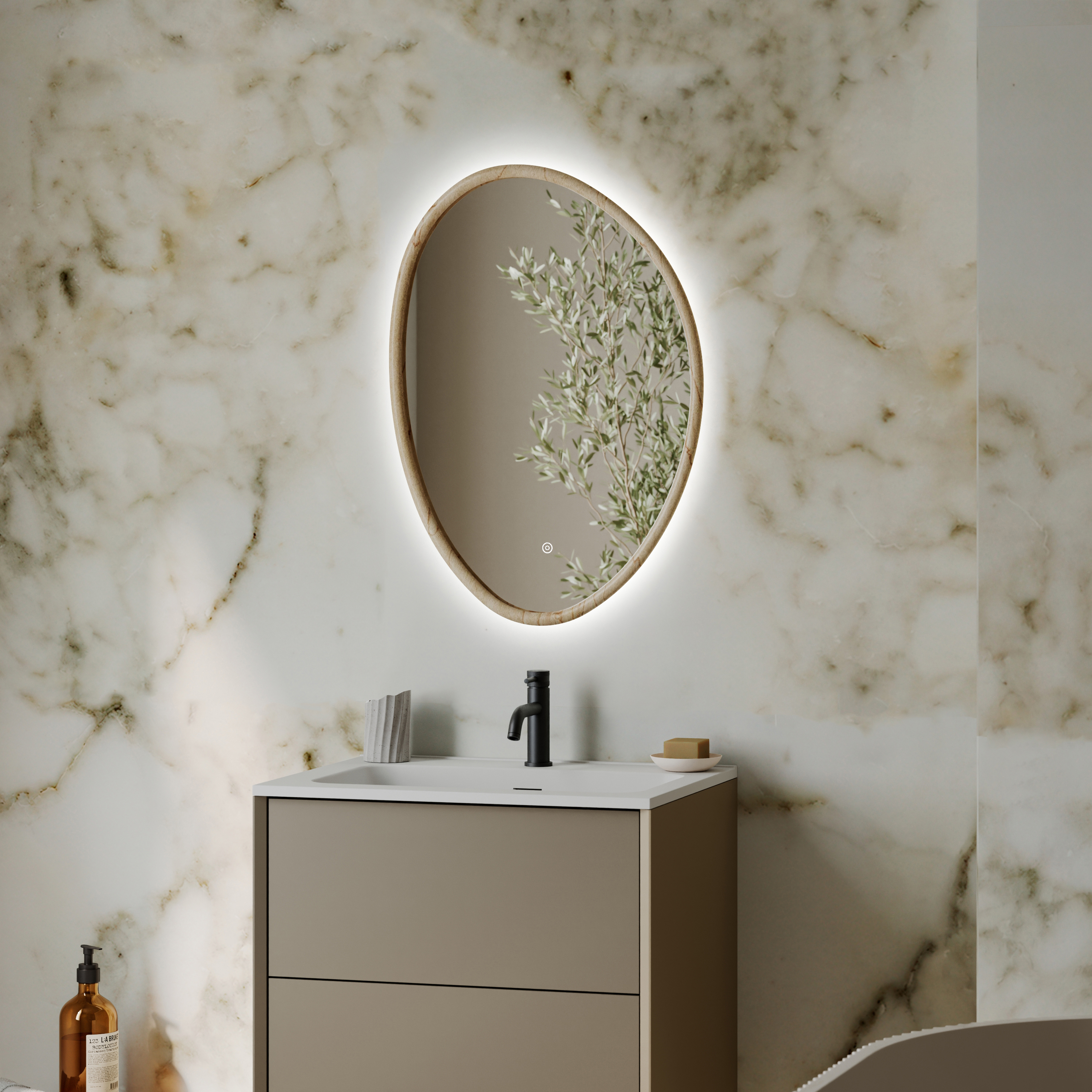 Siena LED Illuminated Stone Effect Framed Mirror with Demister Pad & Colour Change Lights - 500 x 700mm