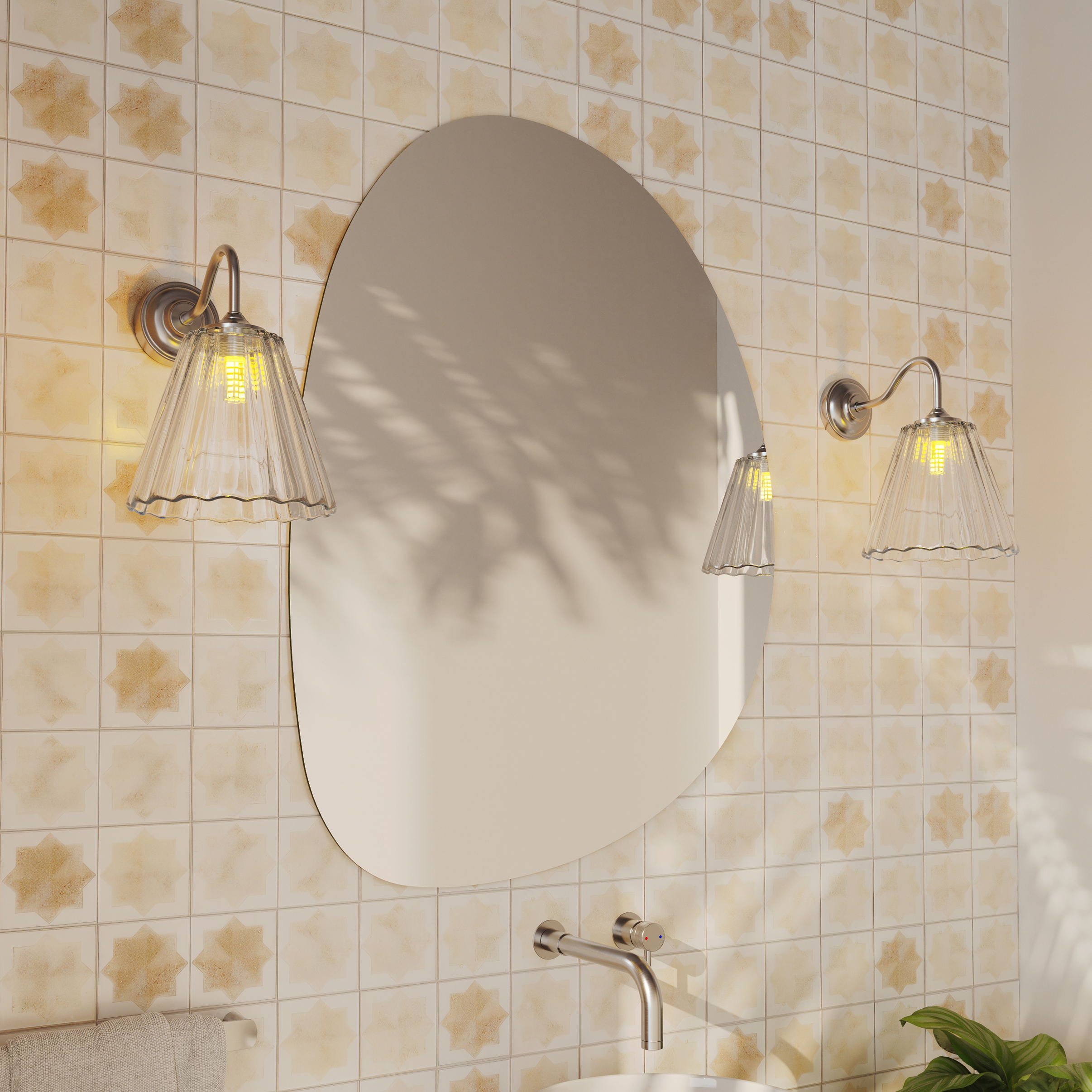 Organics Slim Mirror with Set Of 2 Fluted Glass Wall Shade Lights