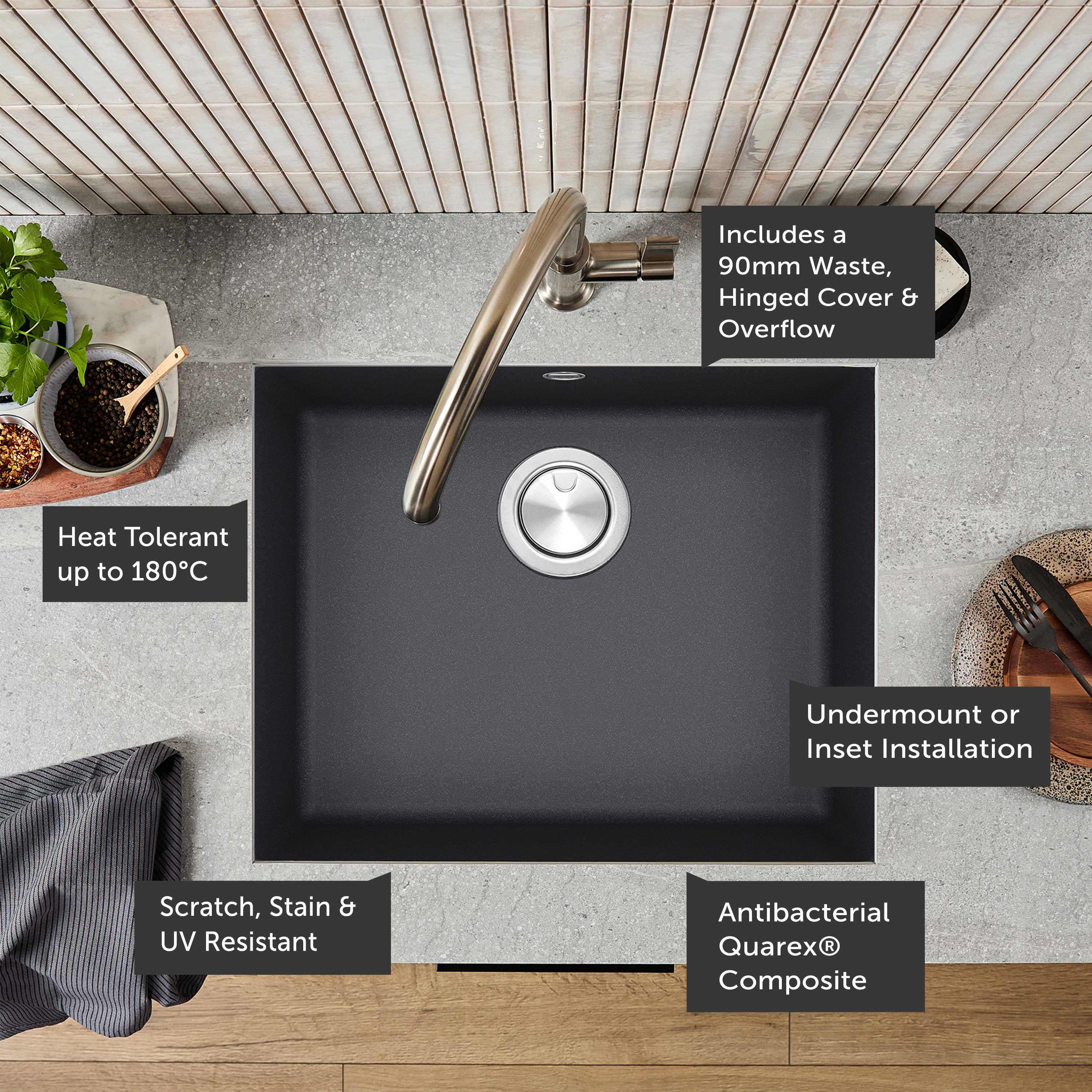 Clearwater Lumen 1 Bowl Granite Composite Inset/Undermount Kitchen Sink - 550 x 450mm