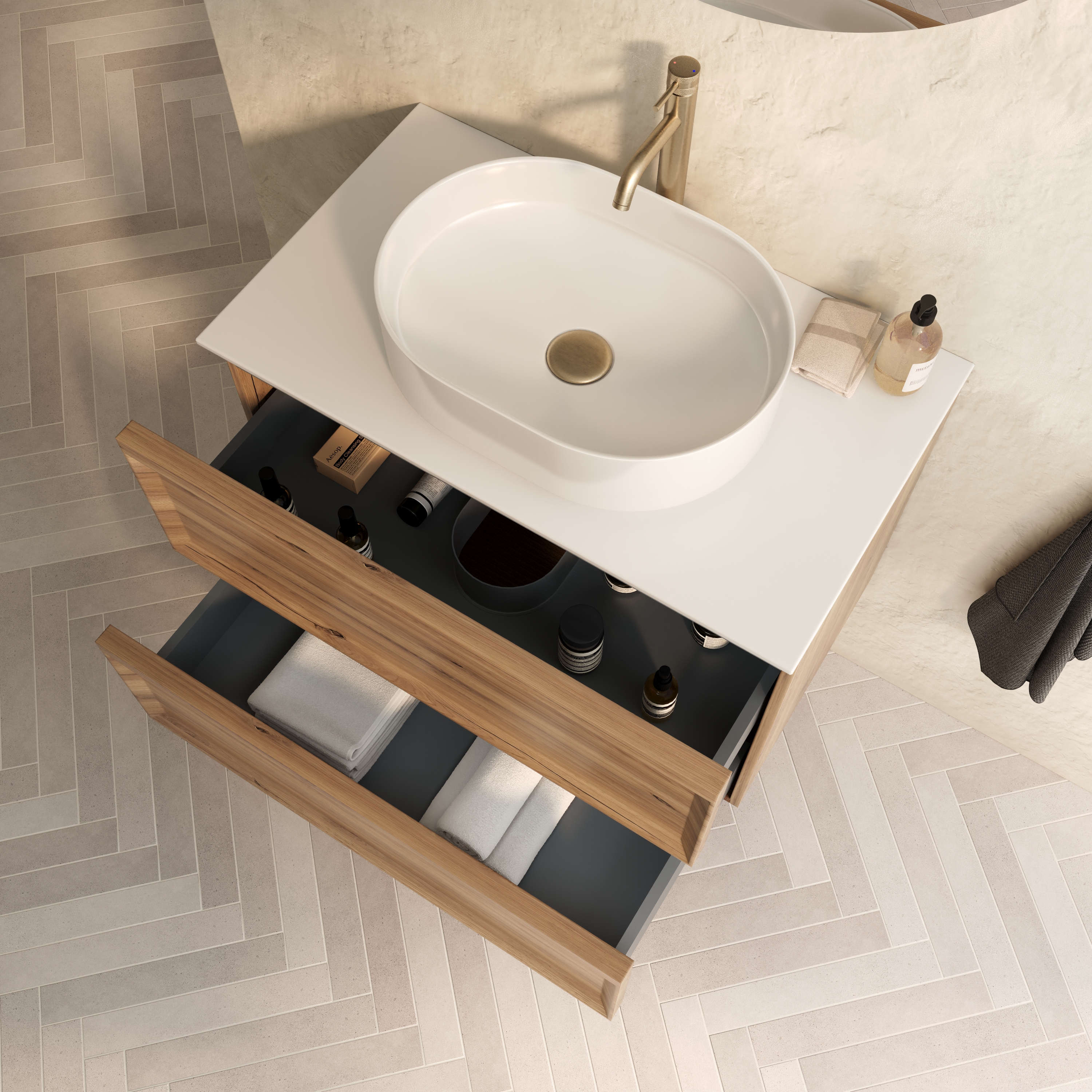 Aura 800mm Wall Mounted Natural Oak Vanity Unit & Sintered Stone Countertop